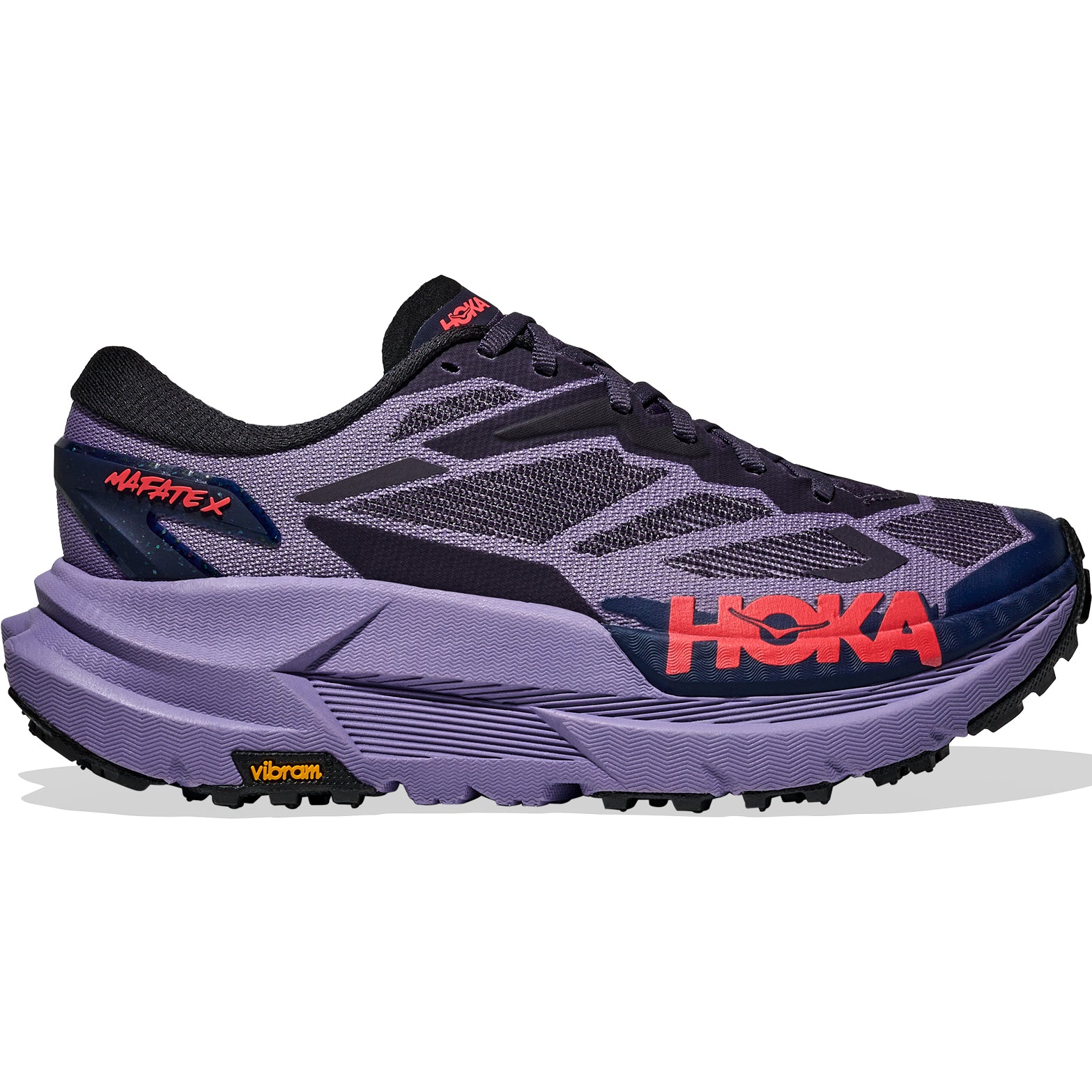 HOKA Mafate X women's trail running shoe in Berry Jam / Squid Ink — outer view showing berry jam woven textile upper with squid ink accent detailing, protective toe cap and Vibram® Megagrip outsole profile