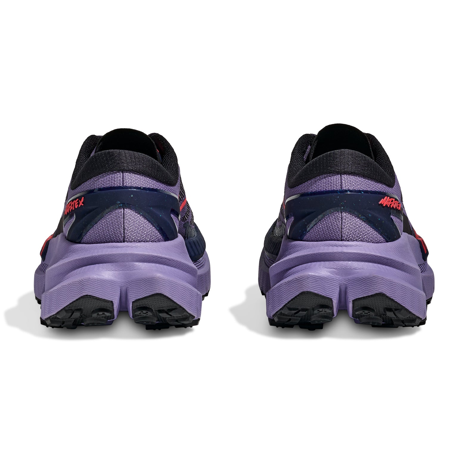 HOKA Mafate X women's trail running shoe in Berry Jam / Squid Ink — heel view showing moulded TPU heel counter, Active Foot Frame™ construction, reflective detailing and squid ink midsole contrast