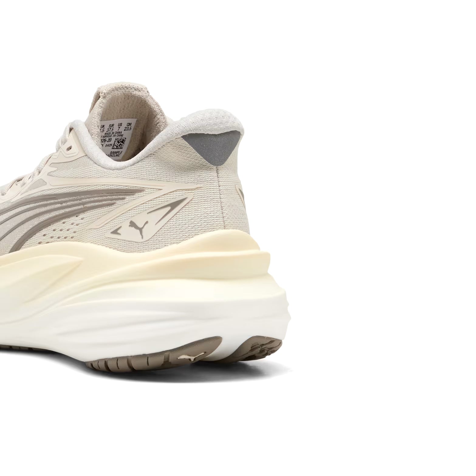 Women's Puma MagMax NITRO 2 Running Shoes Alpine Snow Buttercream heel view showing highest stack NITROFOAM cushioning with nitrogen-infused foam for ultra-plush energised landings