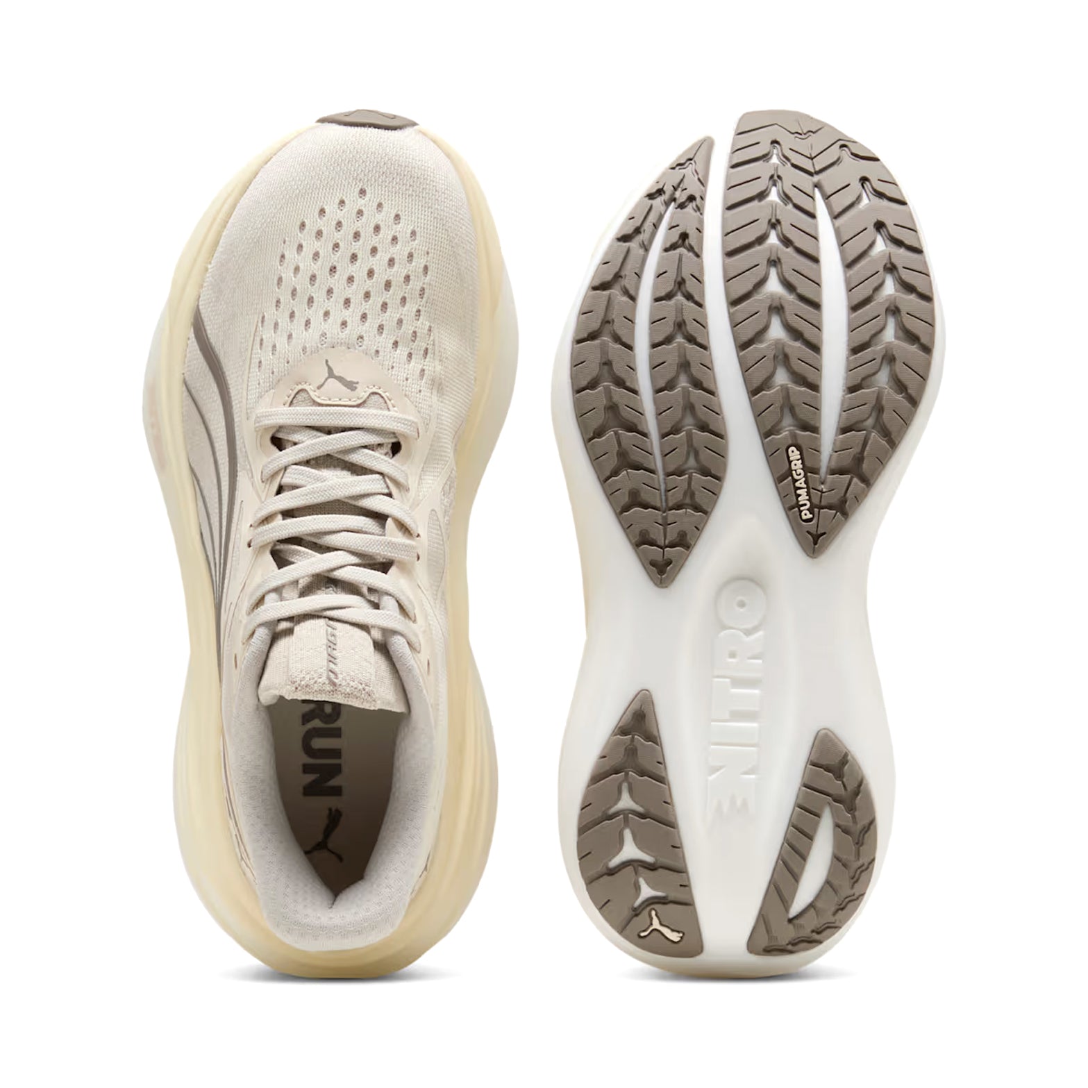Women's Puma MagMax NITRO 2 Running Shoes Alpine Snow Buttercream showing top view of engineered mesh upper with targeted breathability zones alongside sole view displaying PUMAGRIP outsole for dependable steady traction during daily road running