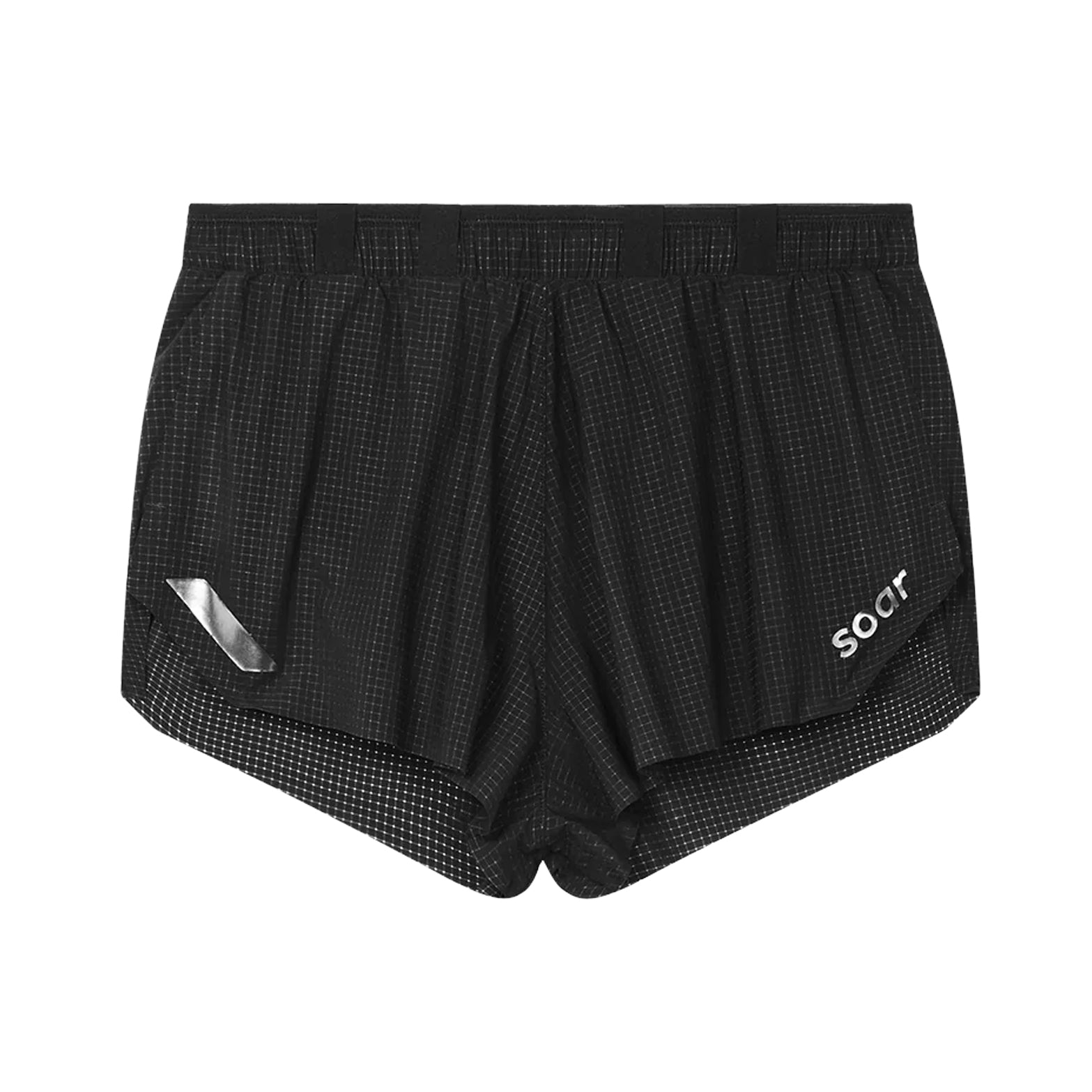 Women's Soar Marathon Shorts Black front view showing stretch mesh construction, front waistband gel loops and laser-cut hem detail