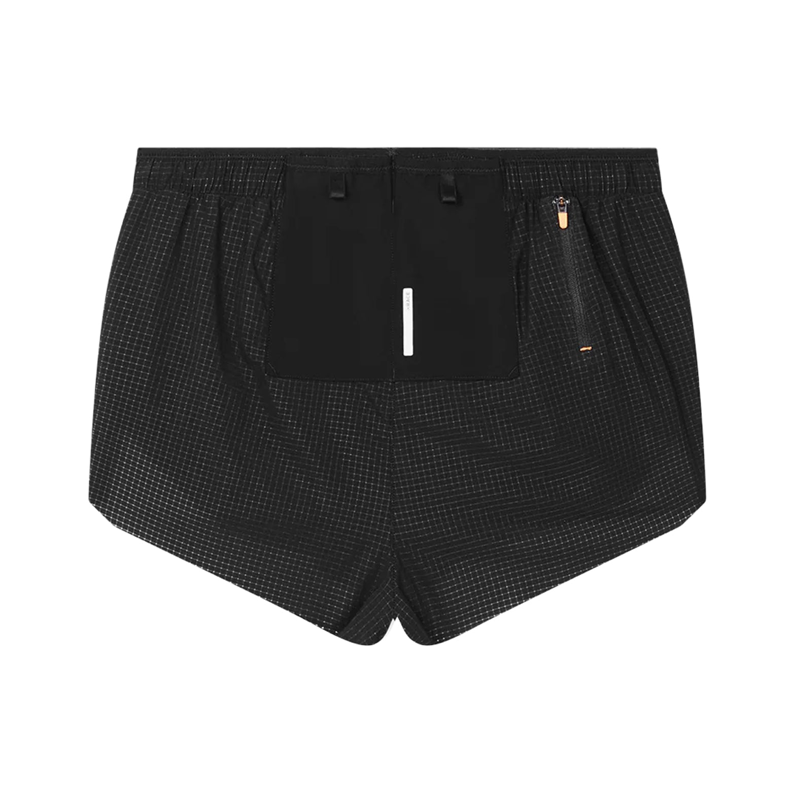 Women's Soar Marathon Shorts Black back view showing external four-gel mesh pouch and zipped essentials rear pocket