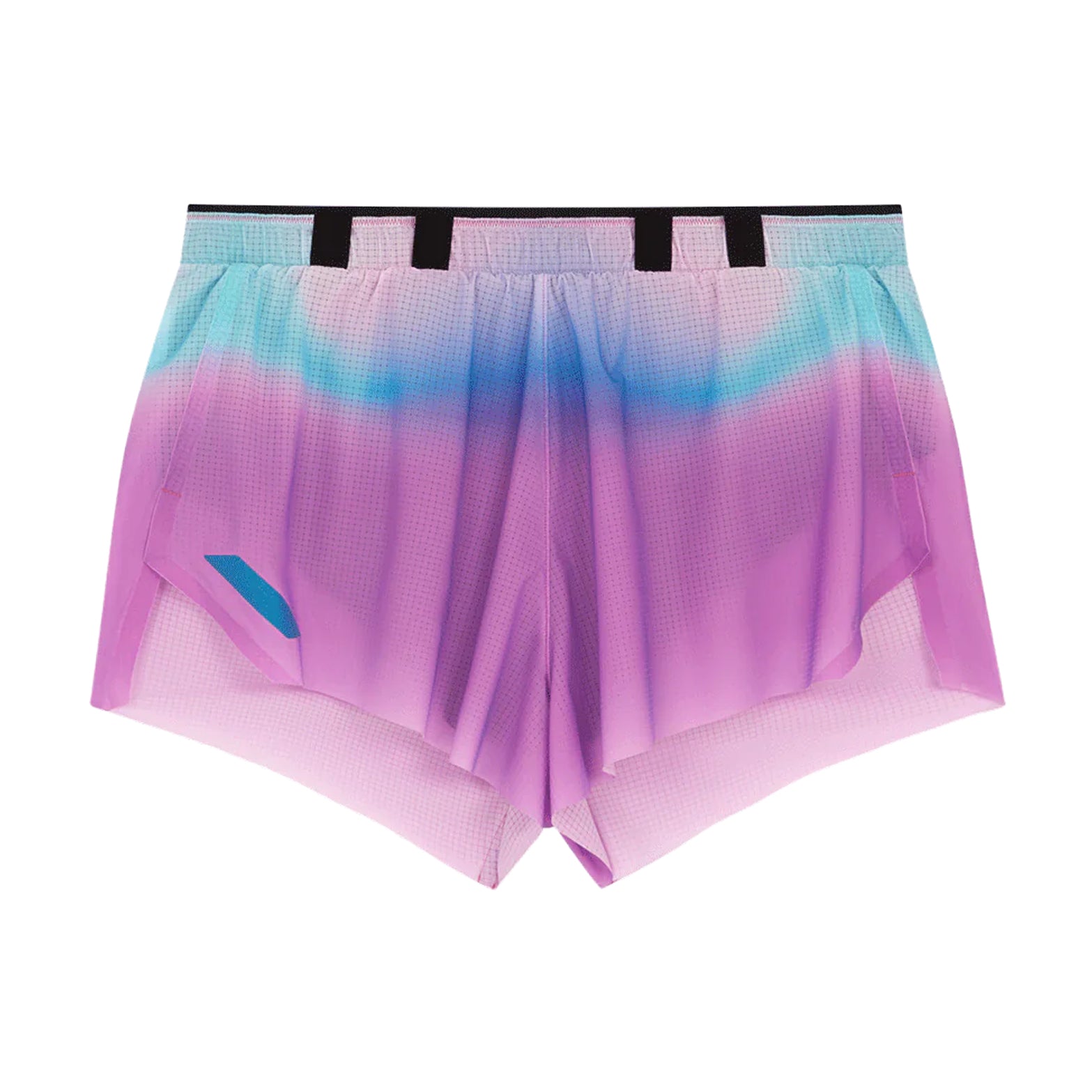 Women's Soar Marathon Shorts Blue Magenta front view showing stretch mesh construction, front waistband gel loops and laser-cut hem detail