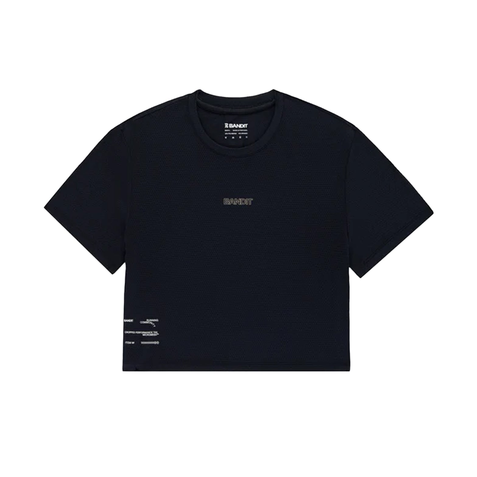 Women's Bandit Micromesh Cropped Run Tee Black front product view showing relaxed boxy fit with crew neckline and subtle two-tone logo branding