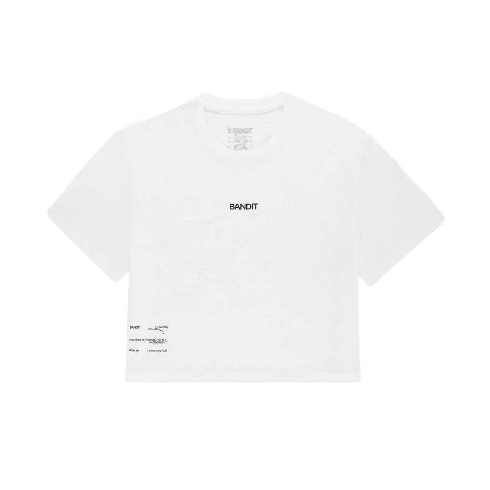 Women's Bandit Micromesh Cropped Run Tee White front product view showing relaxed boxy fit with crew neckline and subtle two-tone logo branding