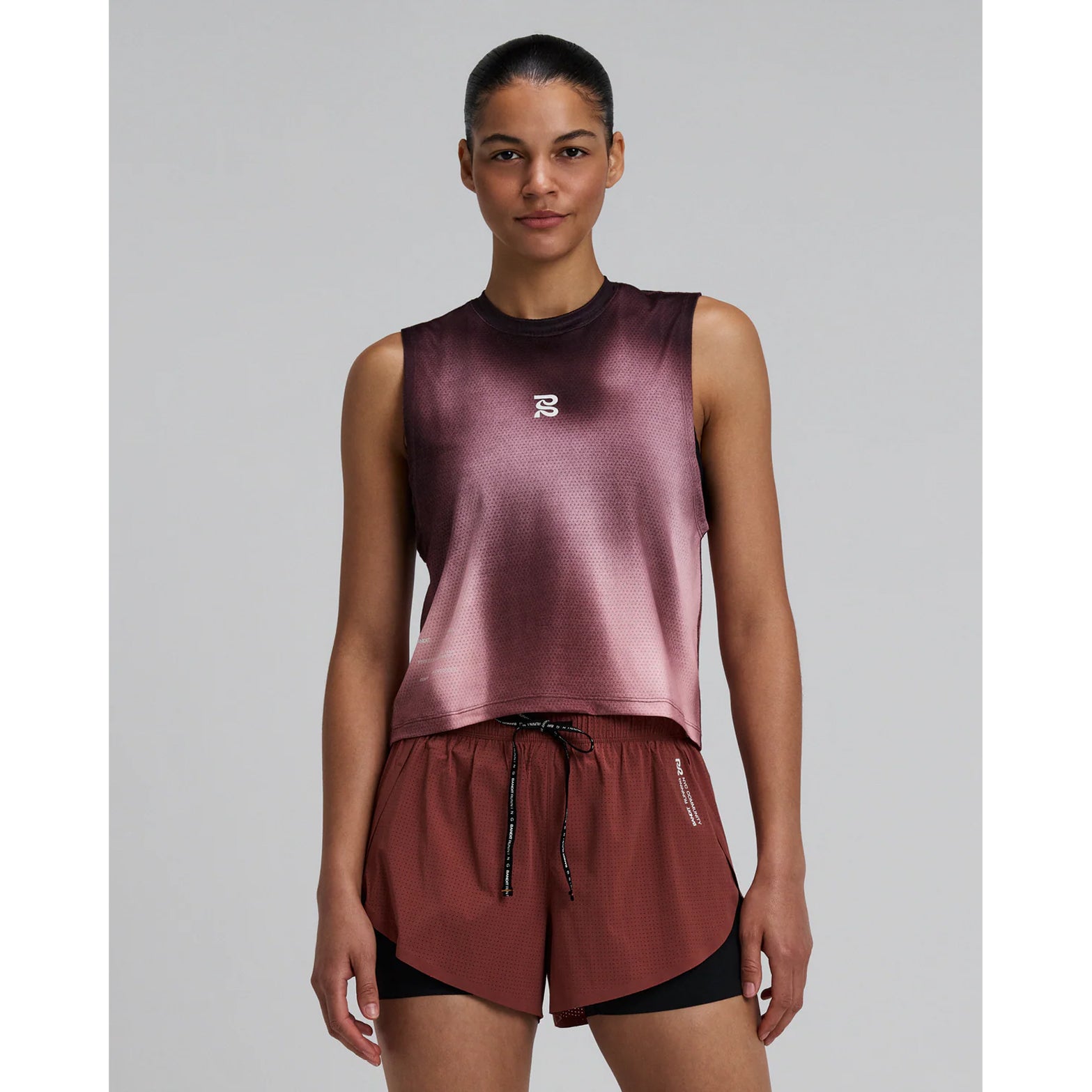 Women's Bandit Micromesh Run Tank Flow State Mahogany Multi front view showing relaxed silhouette with breathable Micromesh fabric and crew neckline