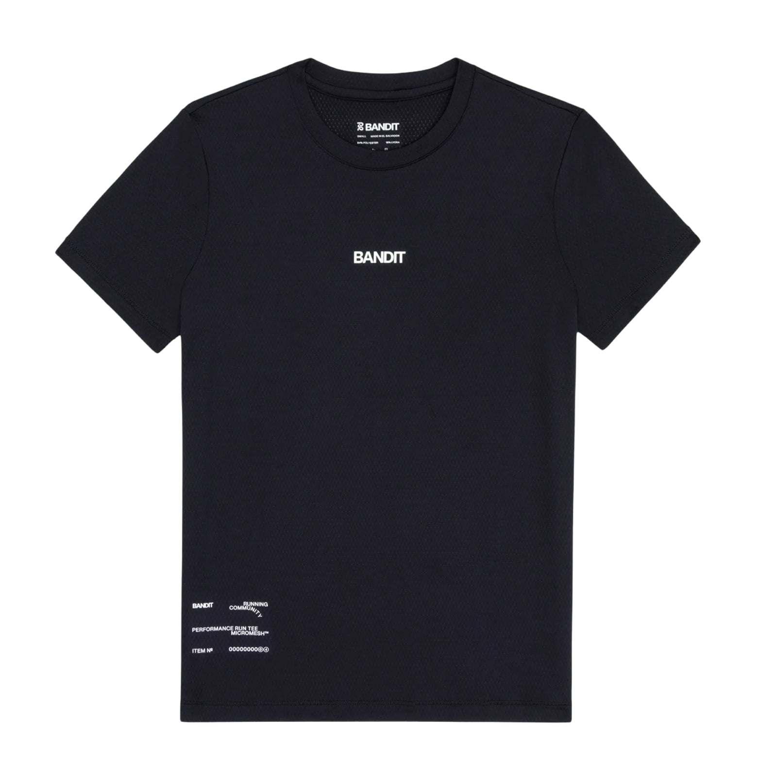 Bandit Micromesh Run Tee women's in Black — front product shot showing relaxed fit silhouette, Micromesh™ breathable fabric construction and dyed-to-match reflective graphic at centre front