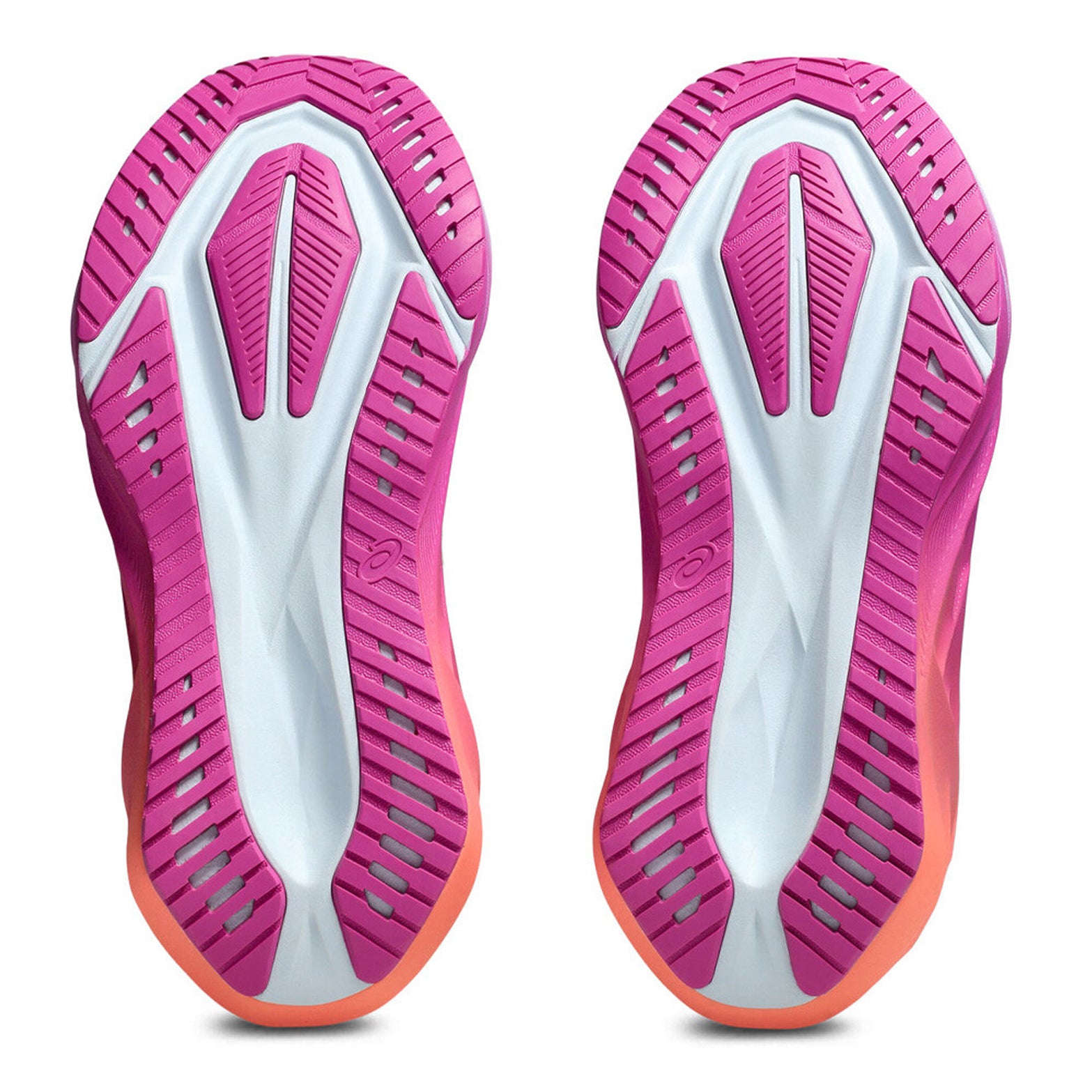 ASICS Novablast 5 women's running shoe in Sky / Digital Sakura — outsole view showing trampoline-inspired rubber tread pattern 
