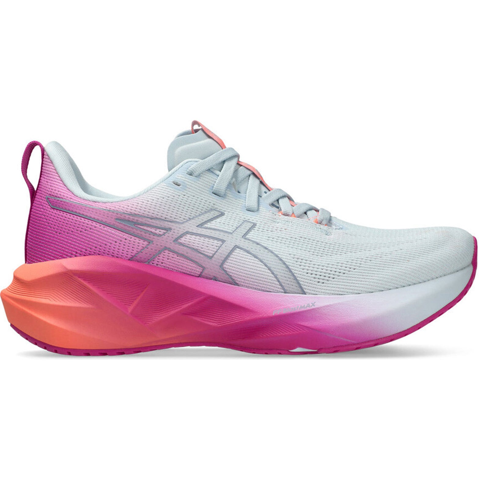 ASICS Novablast 5 women's running shoe in Sky / Digital Sakura — outer view showing sky blue upper with digital sakura accent detailing and FF Blast Max foam midsole profile