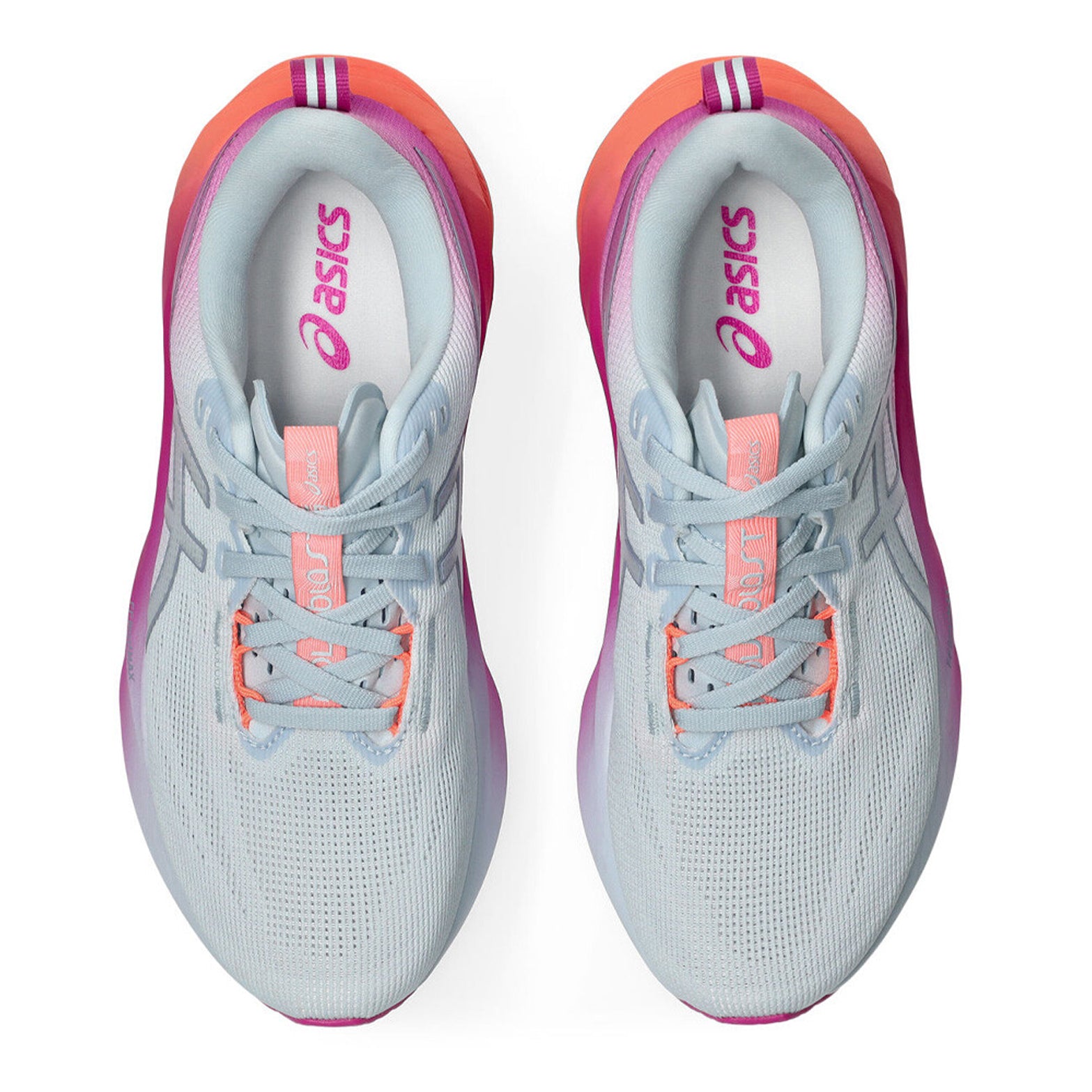 ASICS Novablast 5 women's running shoe in Sky / Digital Sakura — top-down view showing sky blue upper construction, lace closure and digital sakura accent detailing