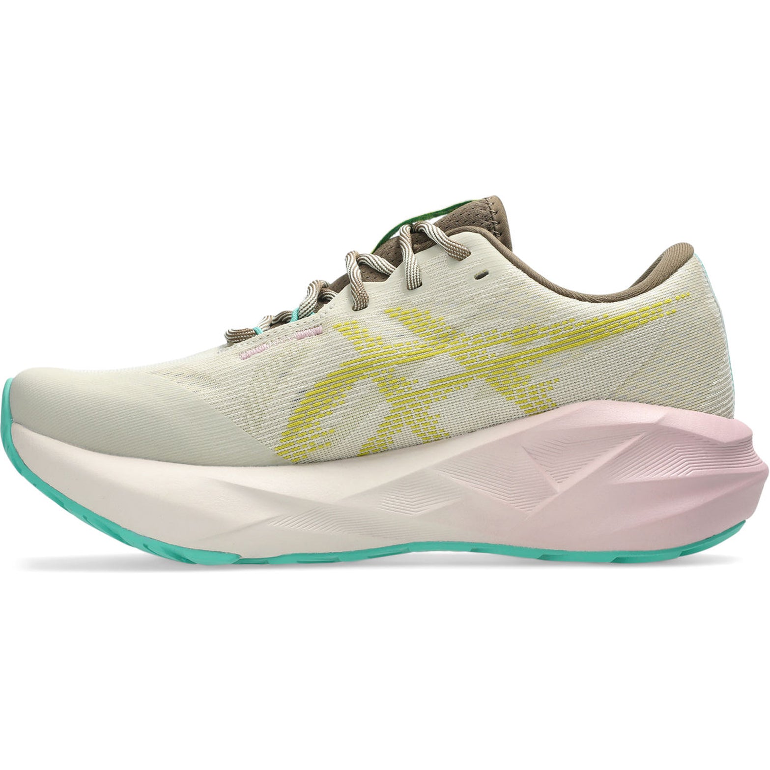 Women's ASICS Novablast 5 TR Running Shoes Light Dust Cacti inner side view showing FF BLAST MAX cushioning and tongue wing construction