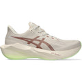 Women's ASICS Novablast 6 Running Shoes Rose Dust Illuminate Yellow outer side view showing FF BLAST MAX cushioning with FF TURBO SQUARED trampoline pod for energetic bouncy daily running