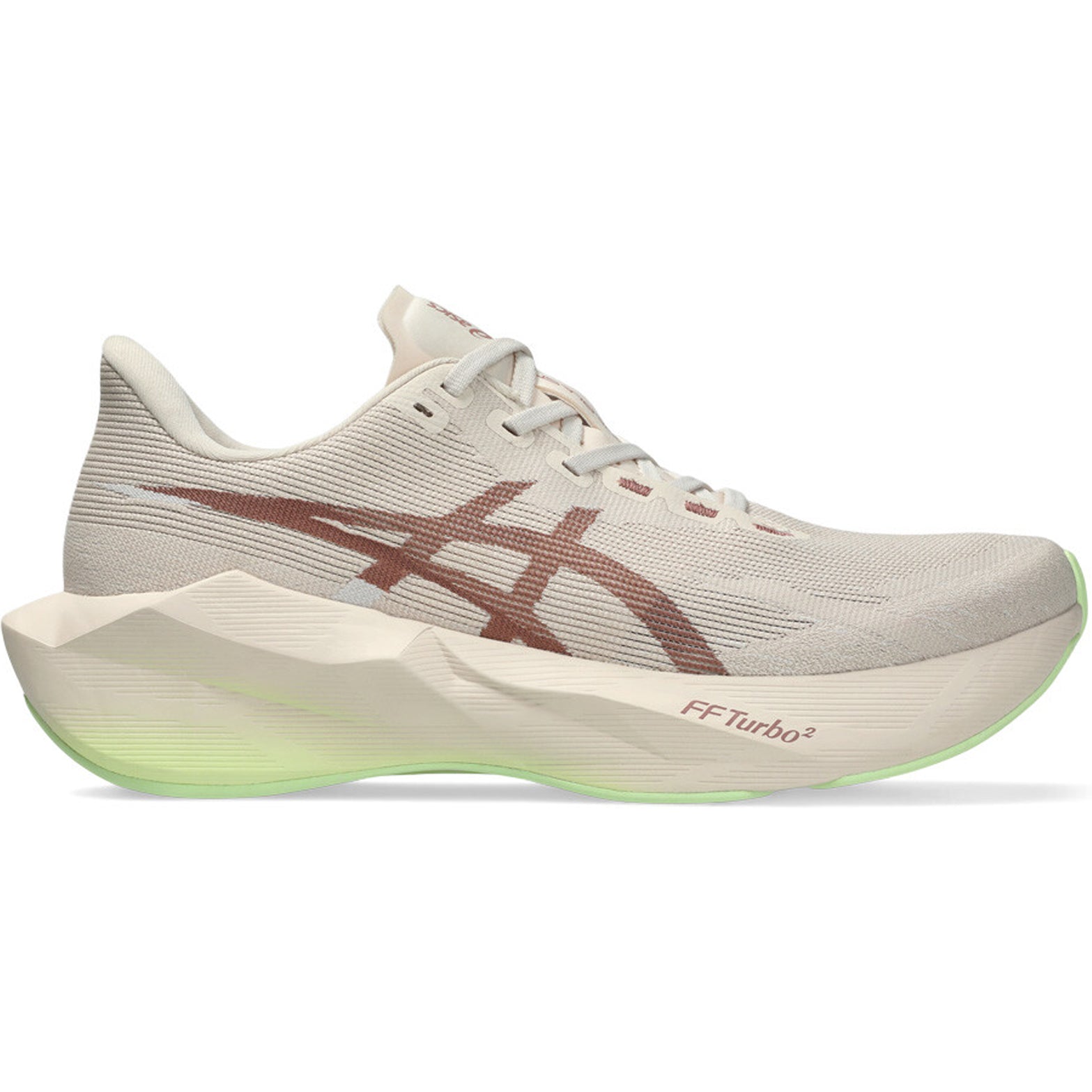 Women's ASICS Novablast 6 Running Shoes Rose Dust Illuminate Yellow outer side view showing FF BLAST MAX cushioning with FF TURBO SQUARED trampoline pod for energetic bouncy daily running