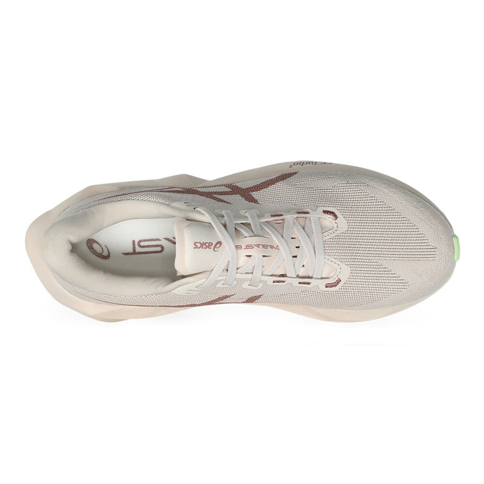 Women's ASICS Novablast 6 Running Shoes Rose Dust Illuminate Yellow top view showing lightweight engineered woven upper with tongue wing construction for breathable secure daily running