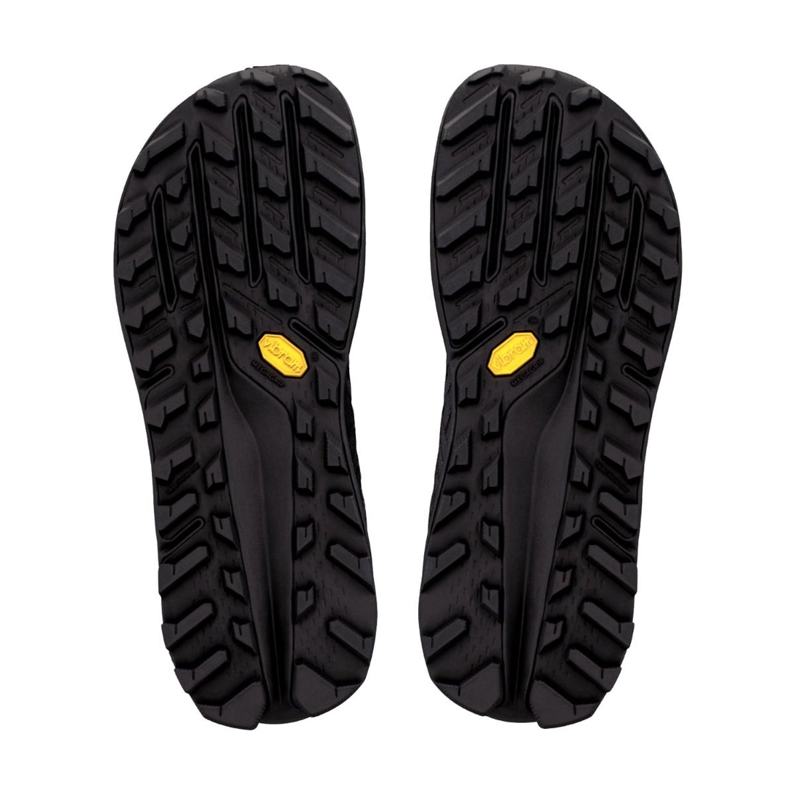 Women's Altra Olympus 275 HiLo Trail Running Shoes Black Black Black sole view displaying Vibram Megagrip outsole with TractionLug for fierce adaptive grip on wet and dry technical terrain