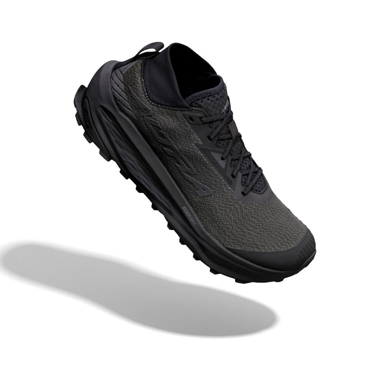 Women's Altra Olympus 275 HiLo Trail Running Shoes Black Black Black angled side view showing updated EGO MAX midsole with Vibram Megagrip TractionLug outsole and MATRYX woven upper for all-day technical ultra-trail performance