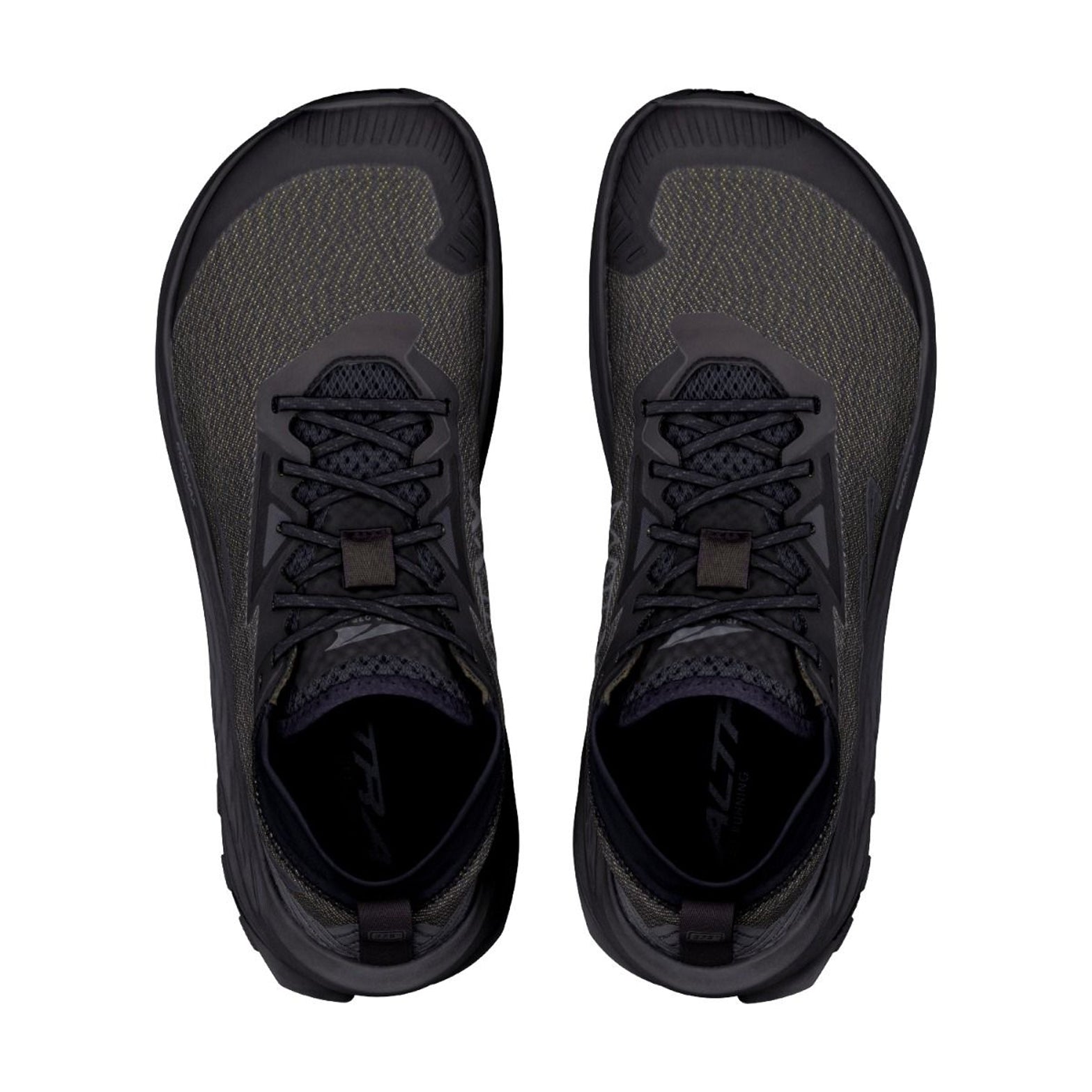 Women's Altra Olympus 275 HiLo Trail Running Shoes Black Black Black top view showing MATRYX one-piece woven upper with built-in scree sleeve and roomiest toe box for technical trail protection