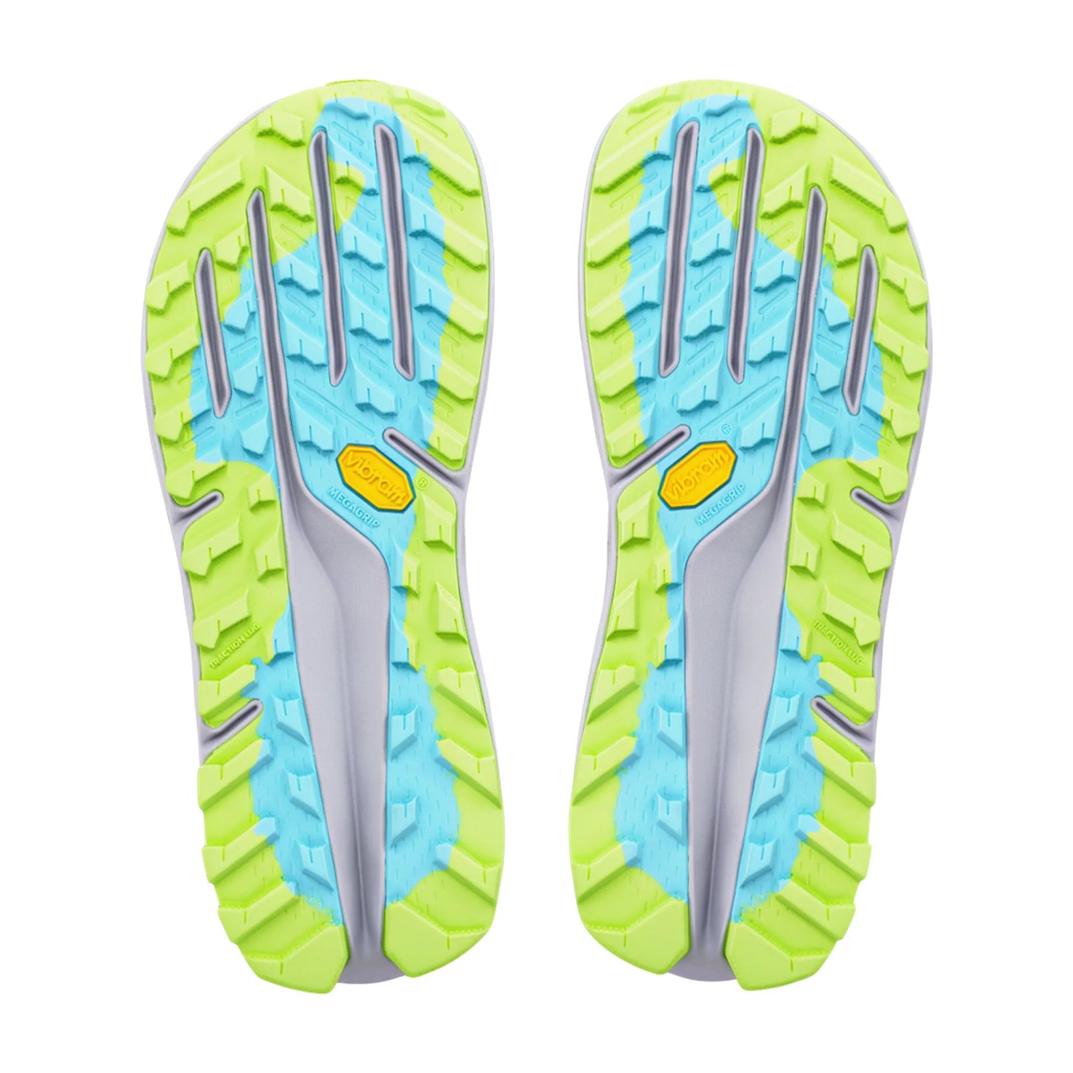 Women's Altra Olympus 275 HiLo Trail Running Shoes Vaporous Grey Blue Fish sole view displaying Vibram Megagrip outsole for reliable traction on wet and dry technical trail terrain