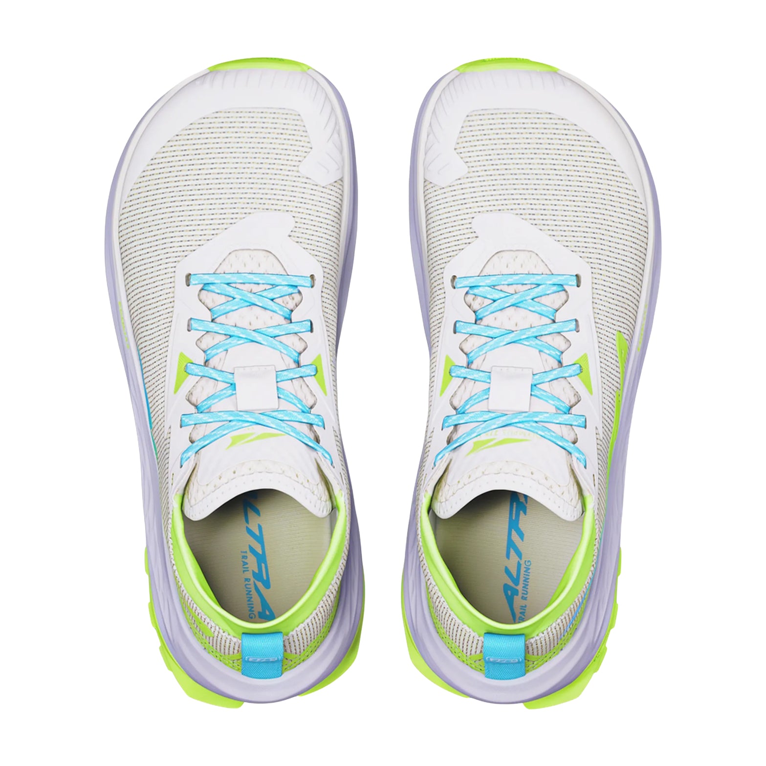 Women's Altra Olympus 275 HiLo Trail Running Shoes Vaporous Grey Blue Fish top view showing MATRYX one-piece woven Kevlar upper with built-in scree sleeve and FootShape toe box for natural toe splay