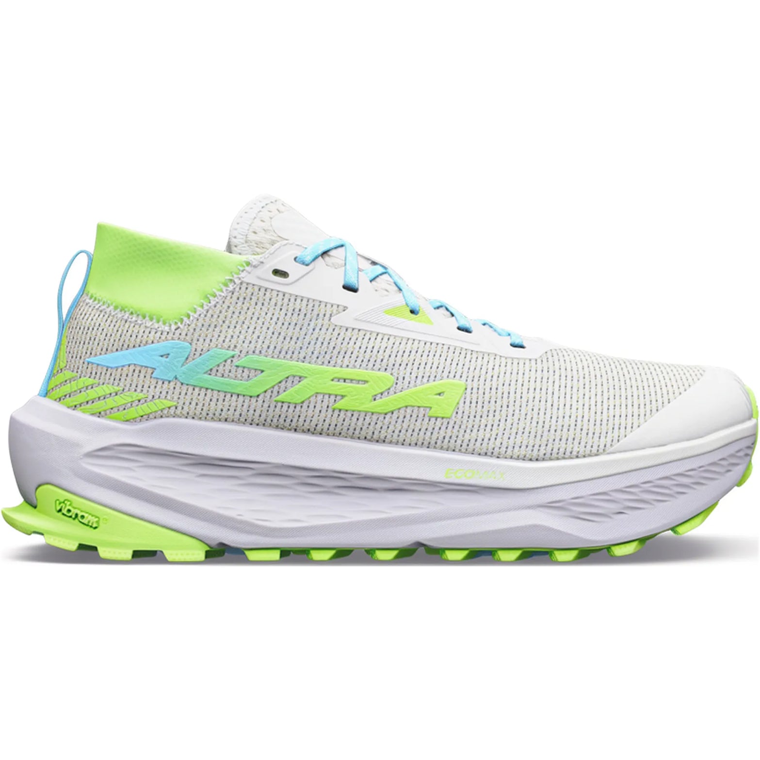 Women's Altra Olympus 275 HiLo Trail Running Shoes Vaporous Grey Blue Fish outer side view showing MATRYX Kevlar woven upper with built-in scree sleeve and Vibram Megagrip outsole for technical trail running