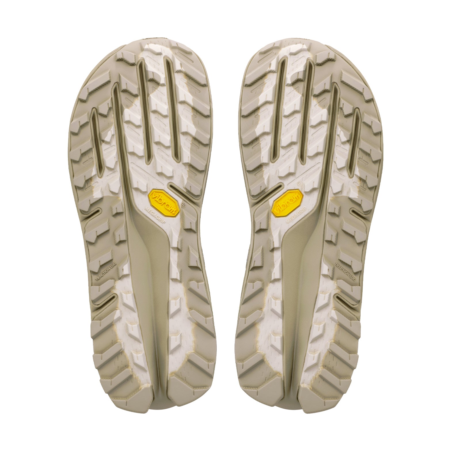 Women's Altra Olympus 7 Trail Running Shoes White Smoke Winter Twig sole view displaying Vibram Megagrip outsole with TractionLug for fierce adaptive grip on wet and dry technical trail terrain