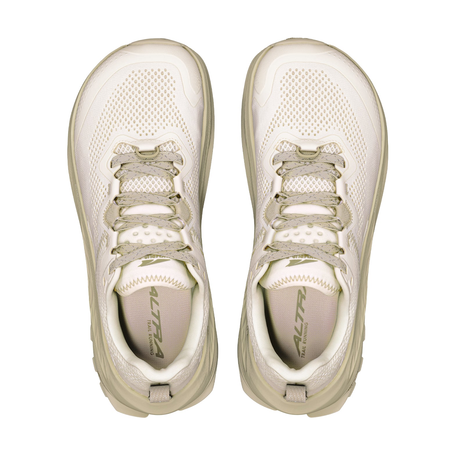 Women's Altra Olympus 7 Trail Running Shoes White Smoke Winter Twig top view showing breathable engineered mesh upper with moulded TPU overlays, plusher tongue and GaiterTrap hook-and-loop ta