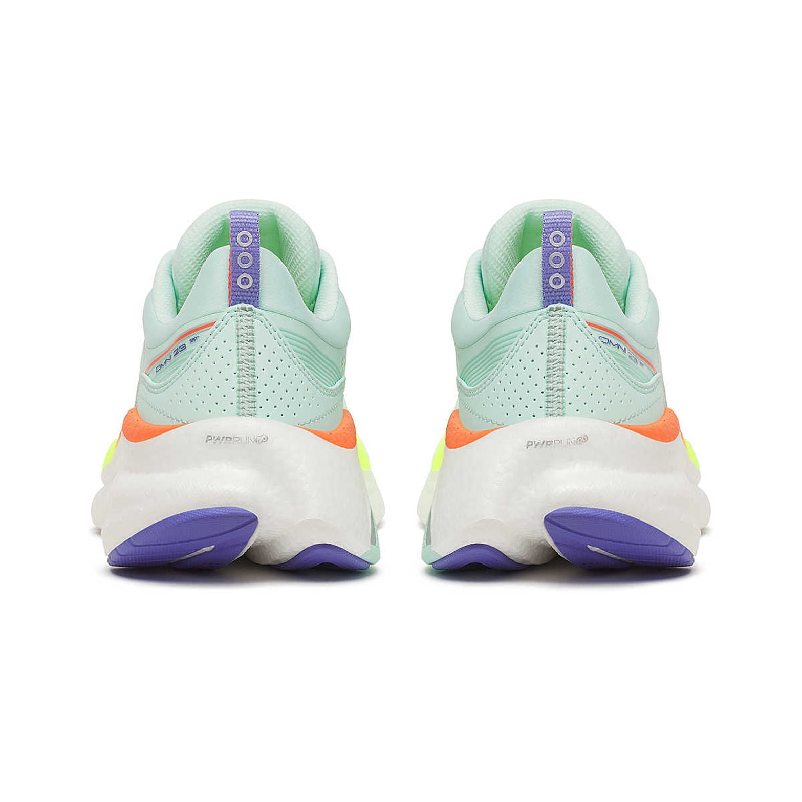 Women's Saucony Omni 23 ST Running Shoes Aqua Citron pair heel view showing cushioned collar, heel construction and midsole stack height