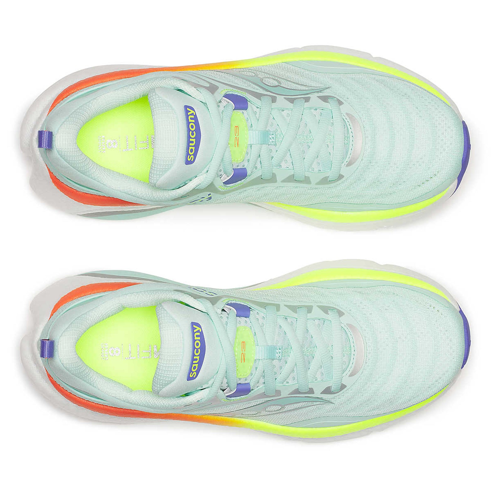 Women's Saucony Omni 23 ST Running Shoes Aqua Citron pair top view showing premium engineered mesh upper and lacing system