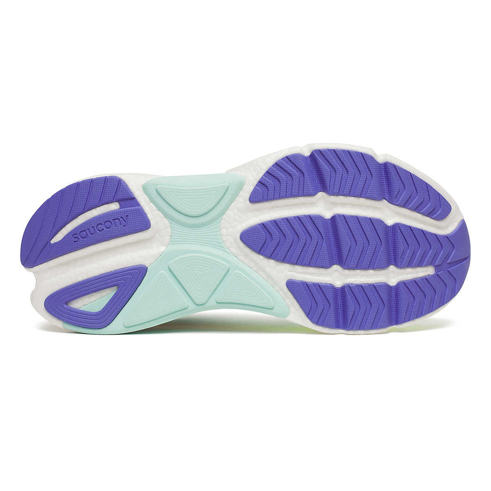 Women's Saucony Omni 23 ST Running Shoes Aqua Citron sole view displaying XT-900 carbon rubber outsole and articulated forefoot grooves