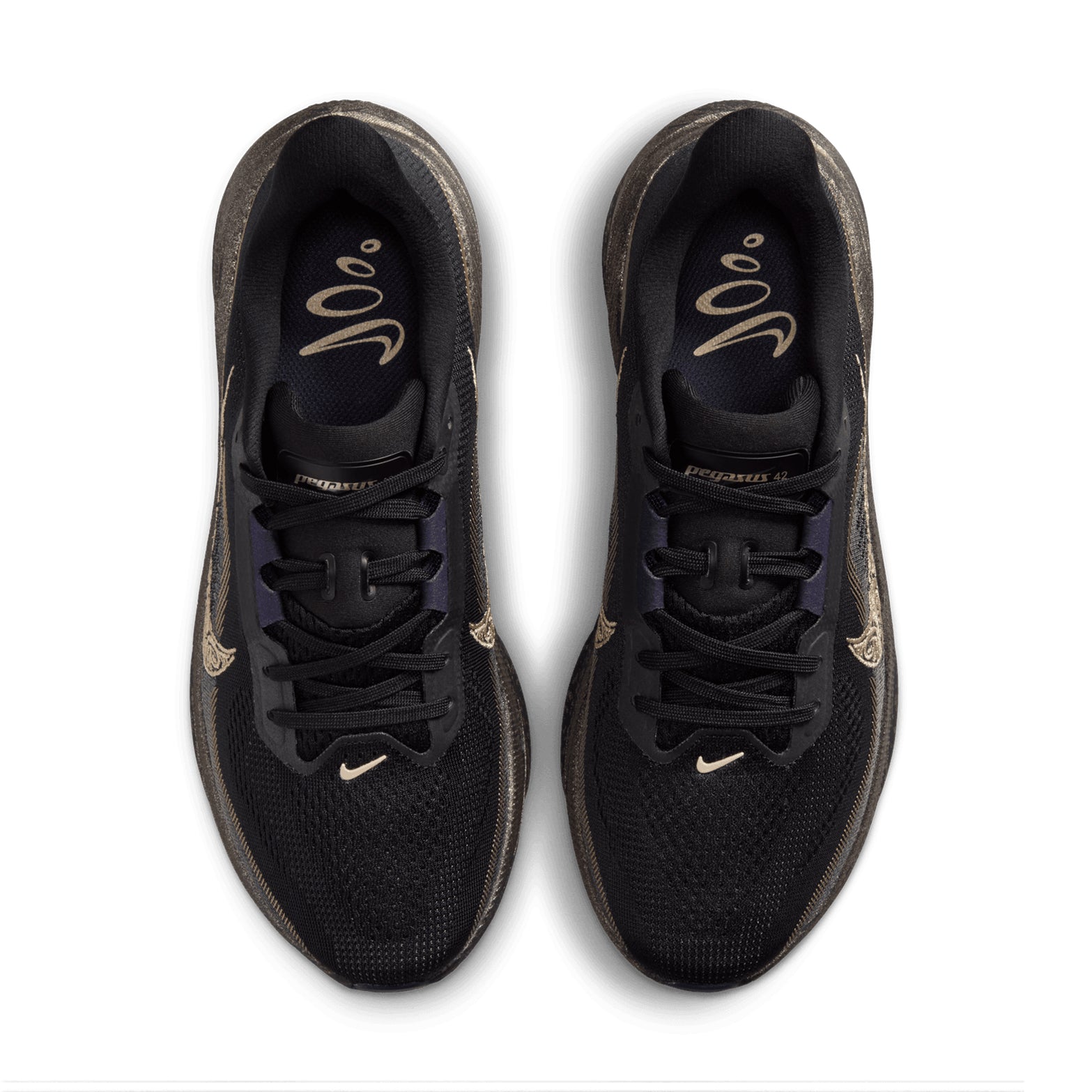 A pair of Nike Women’s Pegasus 42 Keely Hodgkinson Running Shoes in Black, Pitch Blue, Blackened Blue, and Blur viewed from above, showcasing gold accents and a small gold Nike swoosh on the toe with “Pegasus 42” on the tongue. Inspired by innovative design and equipped with responsive Air Zoom cushioning, these shoes combine style and high performance—perfect for athletes who demand excellence, just like Keely Hodgkinson.
