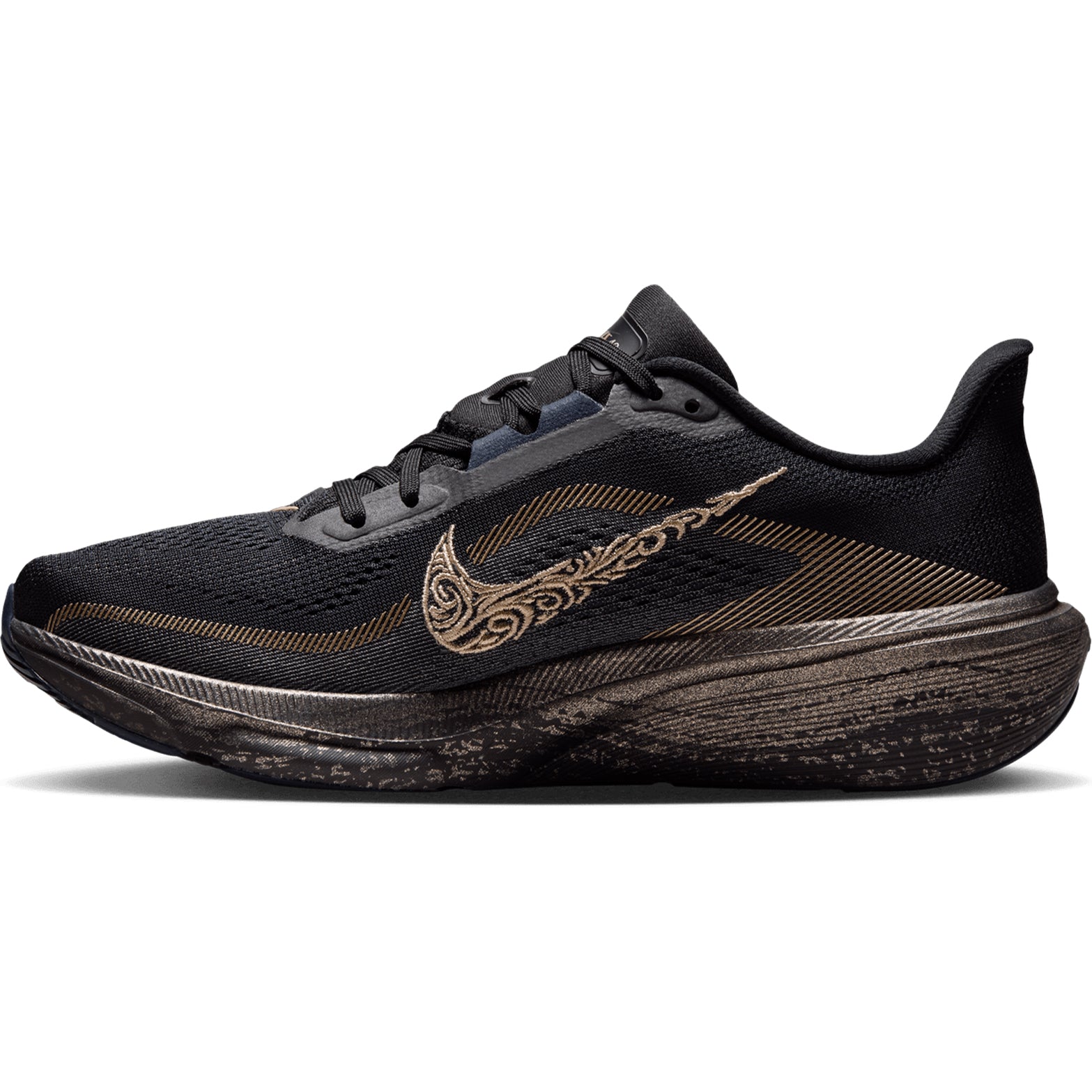 The Nike Women’s Pegasus 42 Keely Hodgkinson Running Shoes in Black, Pitch Blue, Blackened Blue, and Blur feature a decorative gold pattern on the Swoosh logo and midsole, boast Air Zoom cushioning for responsive comfort, a textured sole for superior grip, and a breathable mesh upper—designed especially for athletes inspired by Keely Hodgkinson.