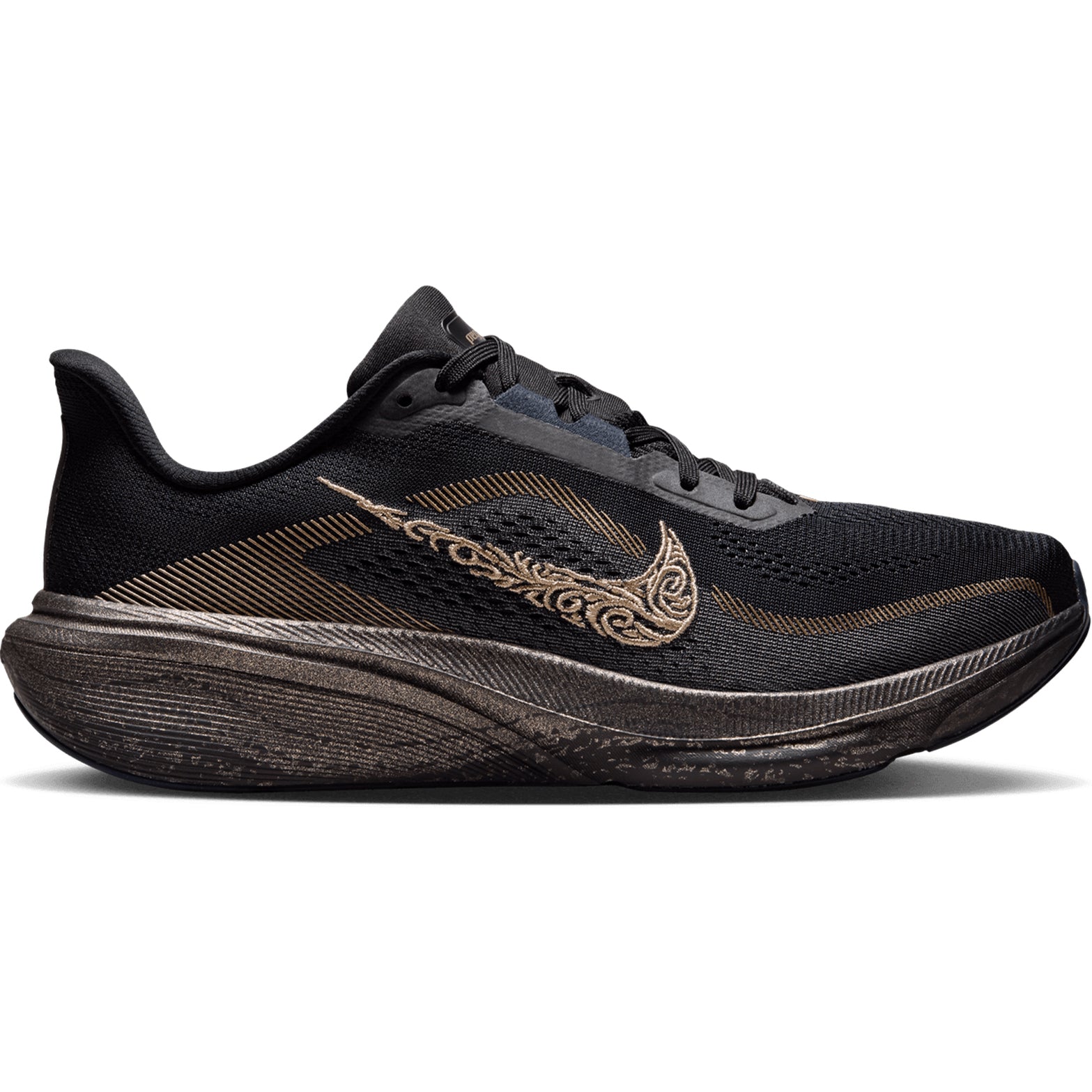 A women’s running shoe from Nike, the Pegasus 42 Keely Hodgkinson edition, in Black, Pitch Blue, and Blackened Blue with Blur accents—featuring a decorative bronze swoosh design, breathable mesh upper, and Air Zoom cushioning in its textured sole—ideal for fans of the iconic Pegasus 42 line.