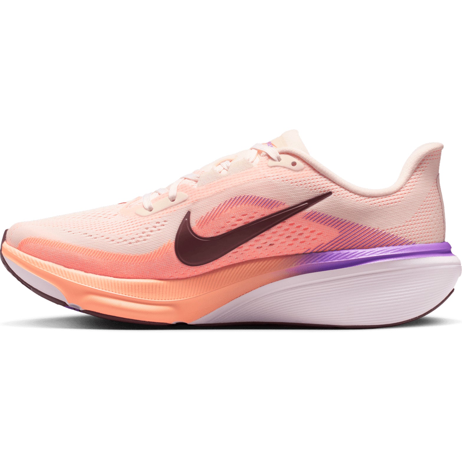 Women's Nike Pegasus 42 Running Shoes Chalk Orange Pulse Bright Violet Tattoo inner side view showing ReactX foam with full-length Air Zoom for 13% more responsiveness during daily running