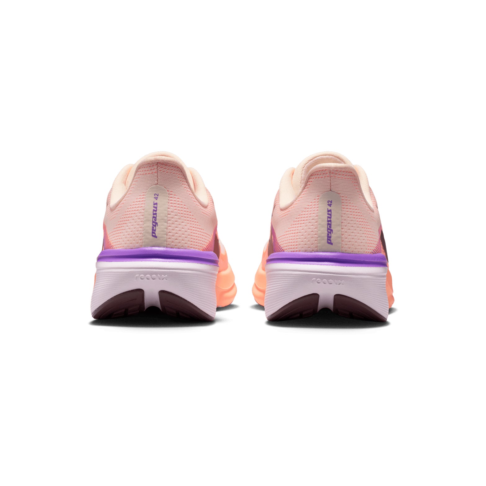 Women's Nike Pegasus 42 Running Shoes Chalk Orange Pulse Bright Violet Tattoo heel view showing full-length Air Zoom unit with ReactX foam for Nike's highest energy return from heel to toe-off