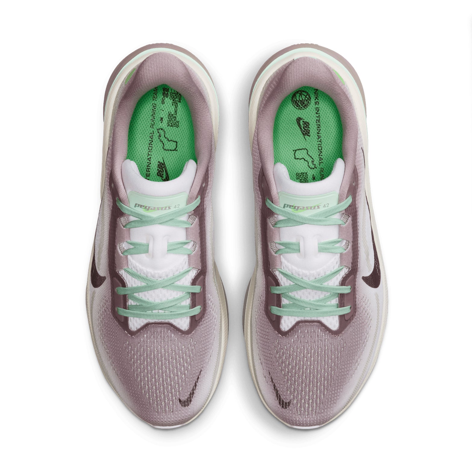 Women's Nike Pegasus 42 Running Shoes Light Violet Ore Baroque Brown Sea Glass top view showing lightweight breathable mesh upper with updated wide toe box for extra forefoot room