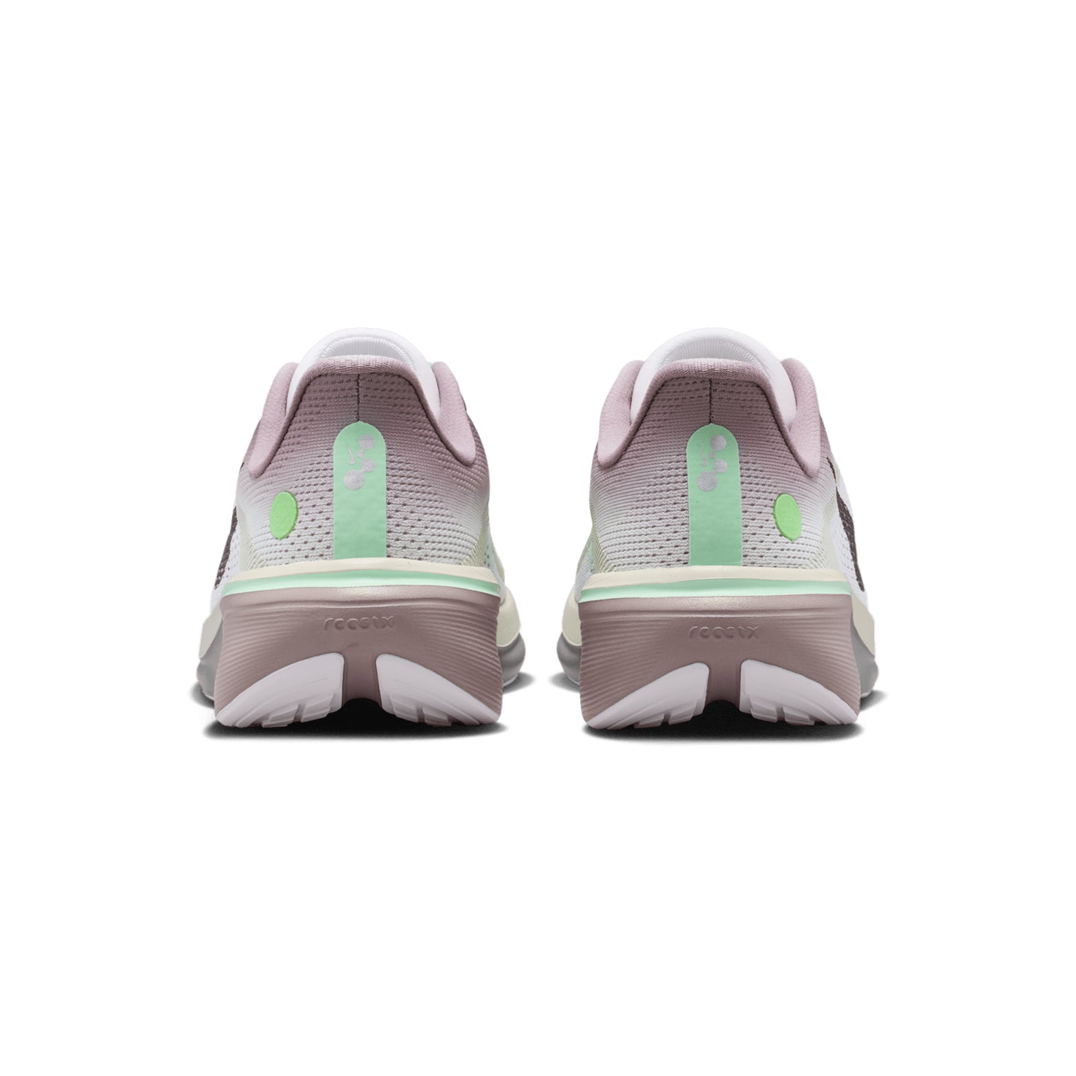 Women's Nike Pegasus 42 Running Shoes Light Violet Ore Baroque Brown Sea Glass heel view showing full-length Air Zoom unit with ReactX foam for Nike's highest energy return from heel to toe-off