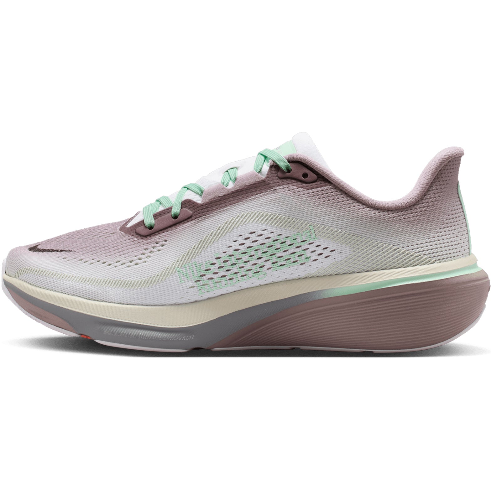 Women's Nike Pegasus 42 Running Shoes Light Violet Ore Baroque Brown Sea Glass inner side view showing ReactX foam with full-length Air Zoom for 13% more responsiveness during daily running
