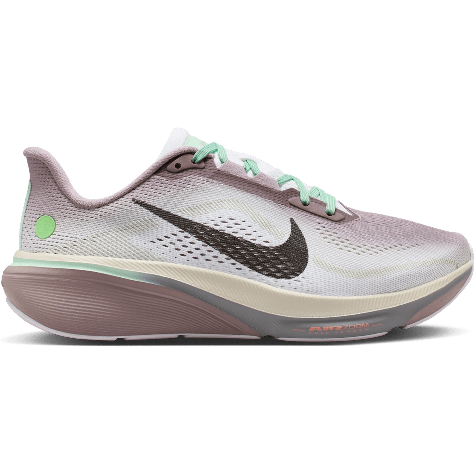 Women's Nike Pegasus 42 Running Shoes Light Violet Ore Baroque Brown Sea Glass outer side view showing full-length curved Air Zoom unit with ReactX foam midsole for propulsive energy return
