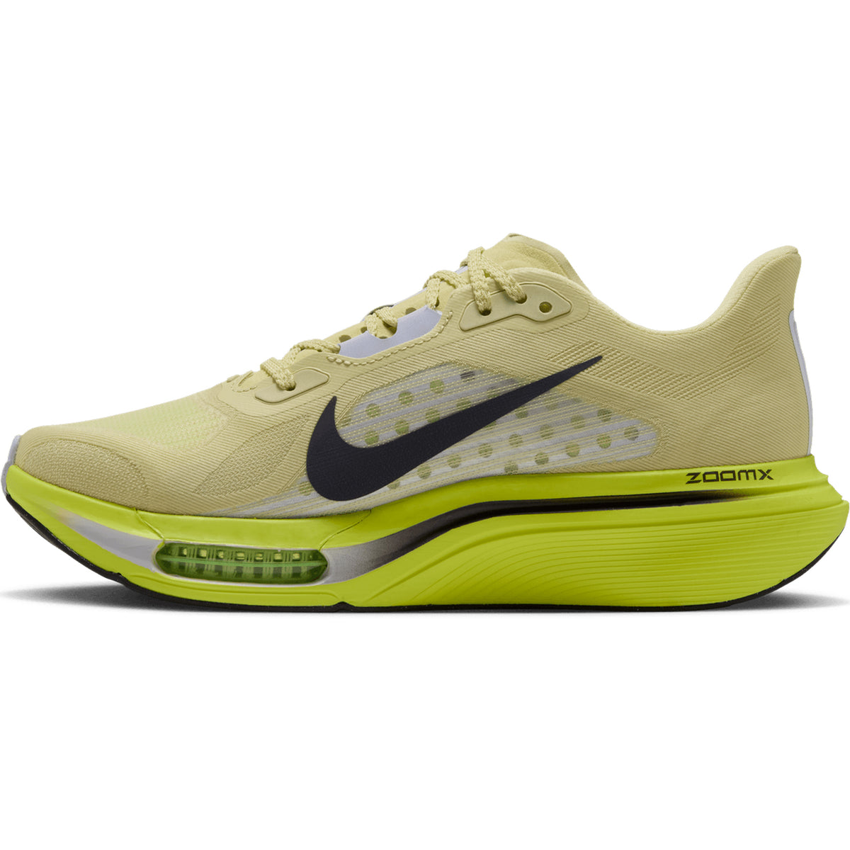Pale yellow Women’s Pegasus Plus 2 Running Shoes Fennel Gridiron / Lemon Venom with a dark swoosh logo and a bright lime green sole featuring a visible air unit.