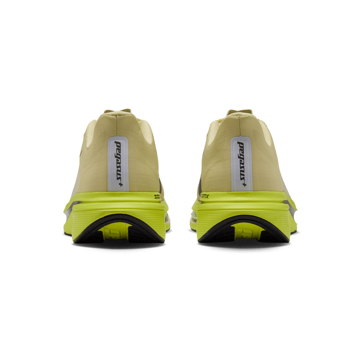 Back view of two beige Women’s Pegasus Plus 2 Running Shoes Fennel Gridiron / Lemon Venom with neon yellow ZoomX foam midsoles and black outsoles.