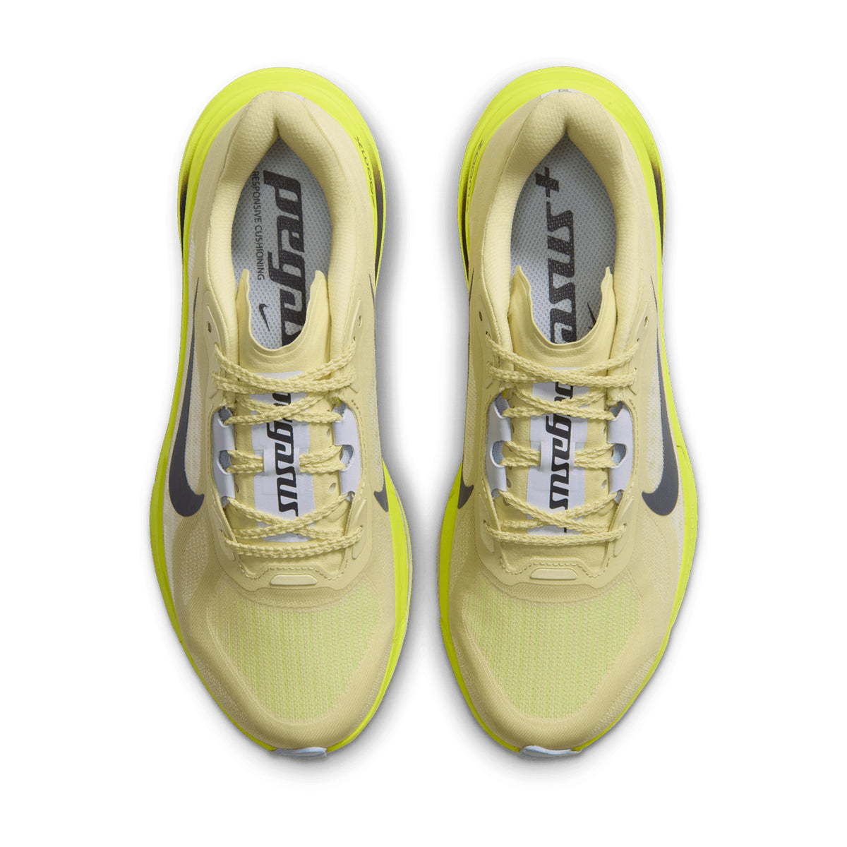 A top-down view of Women’s Pegasus Plus 2 Running Shoes Fennel Gridiron / Lemon Venom in light yellow with dark gray swooshes and bright neon yellow soles.