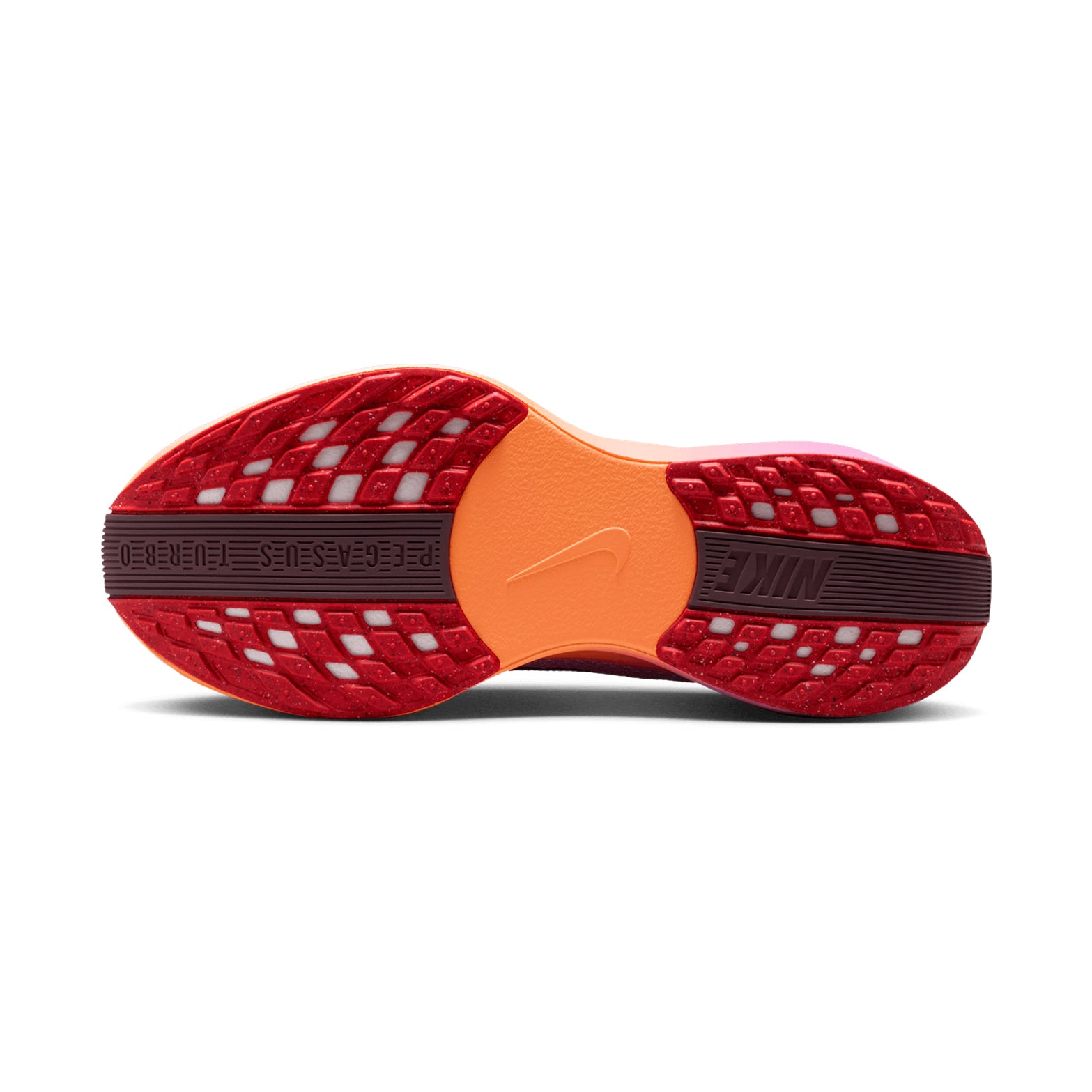 Women's Nike Pegasus Plus Running Shoes Orange Pink sole view displaying high-abrasion rubber outsole with road traction