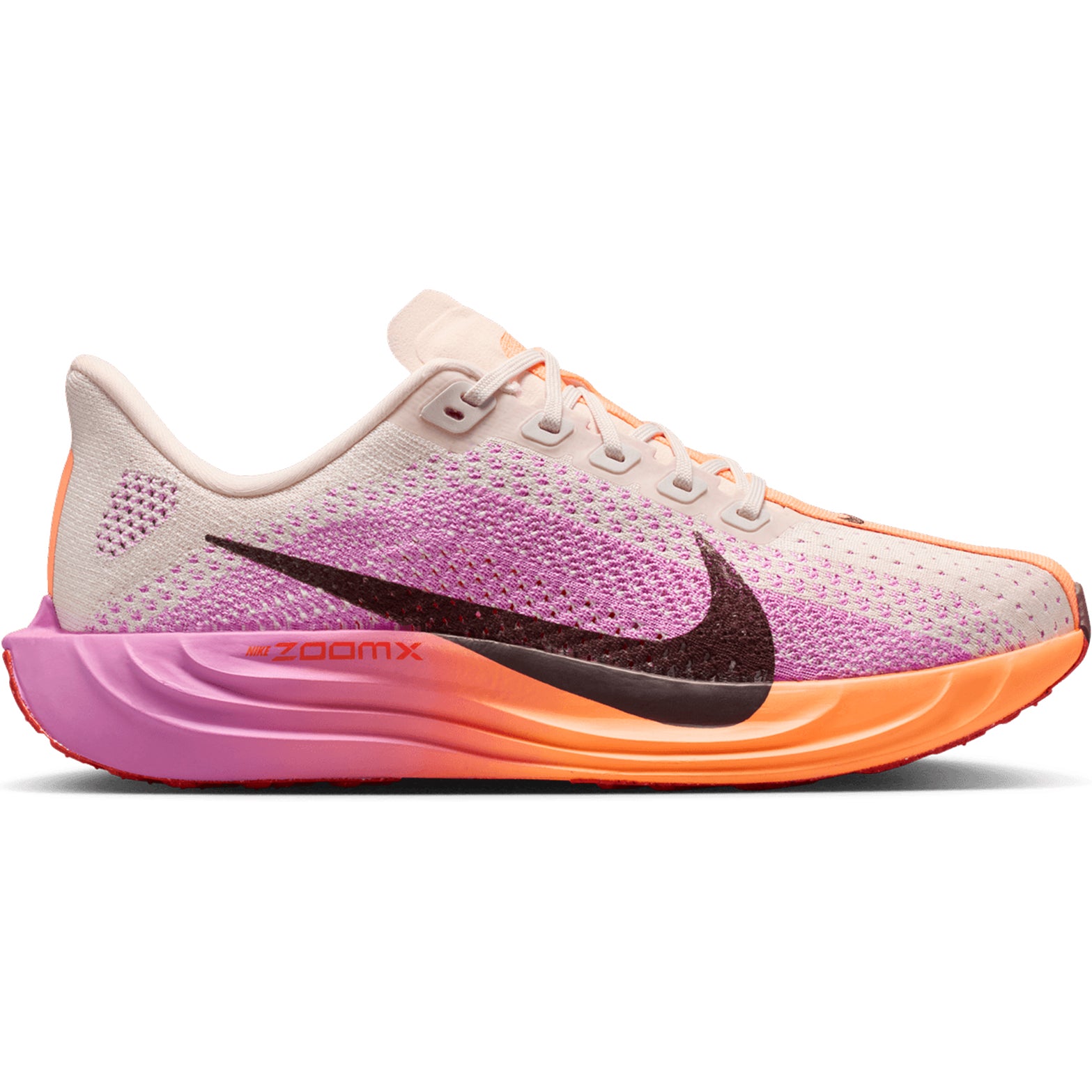 Women's Nike Pegasus Plus Running Shoes Orange Pink outer side view showing full-length superlight ZoomX foam midsole with perforated Flyknit upper
