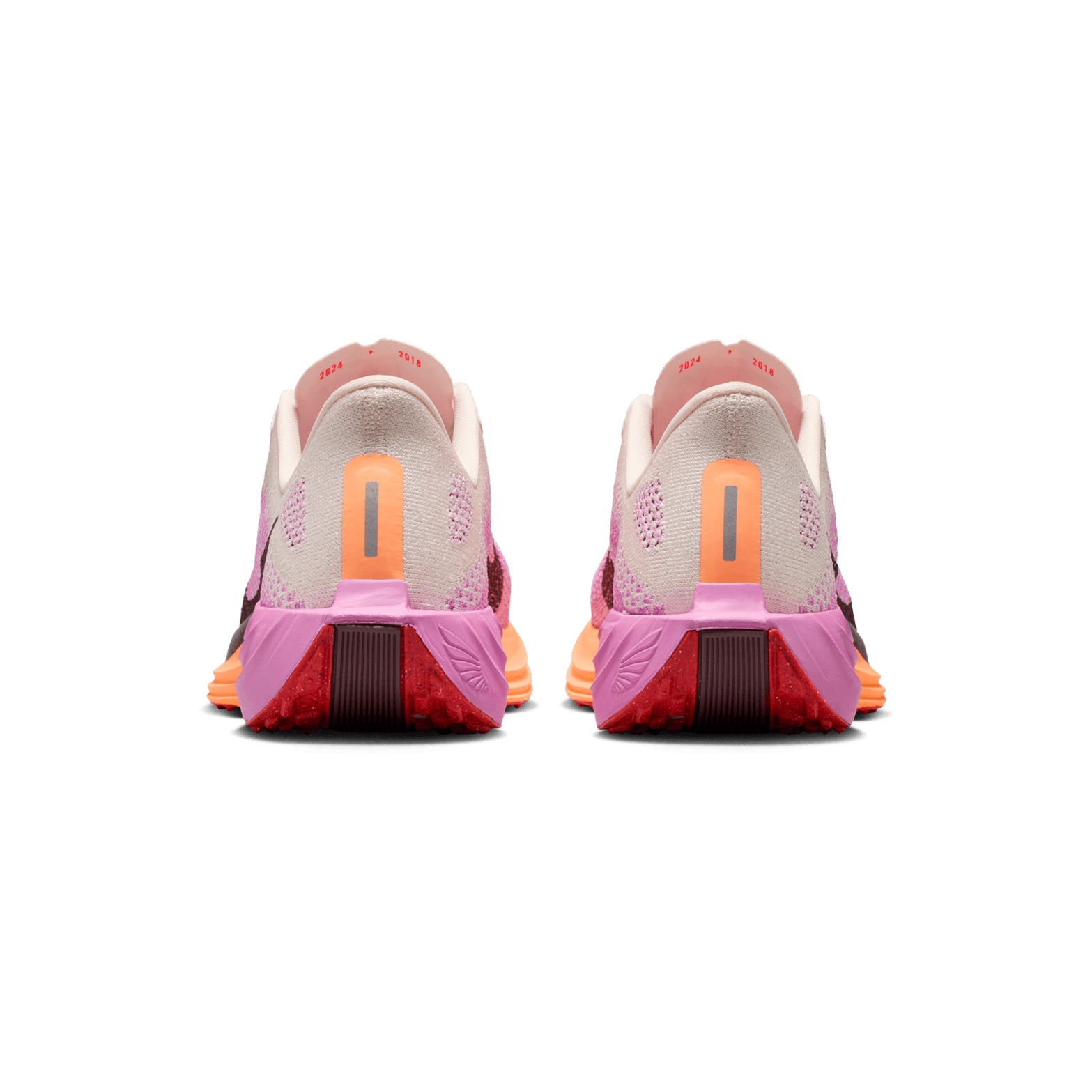 Women's Nike Pegasus Plus Running Shoes Orange Pink heel view showing full-length ZoomX foam energy return with ultra-responsive lightweight cushioning