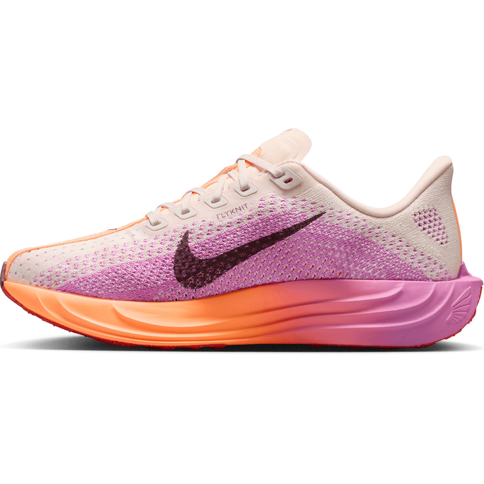 Women's Nike Pegasus Plus Running Shoes Orange Pink inner side view showing ZoomX foam springy cushioning with midfoot band for containment