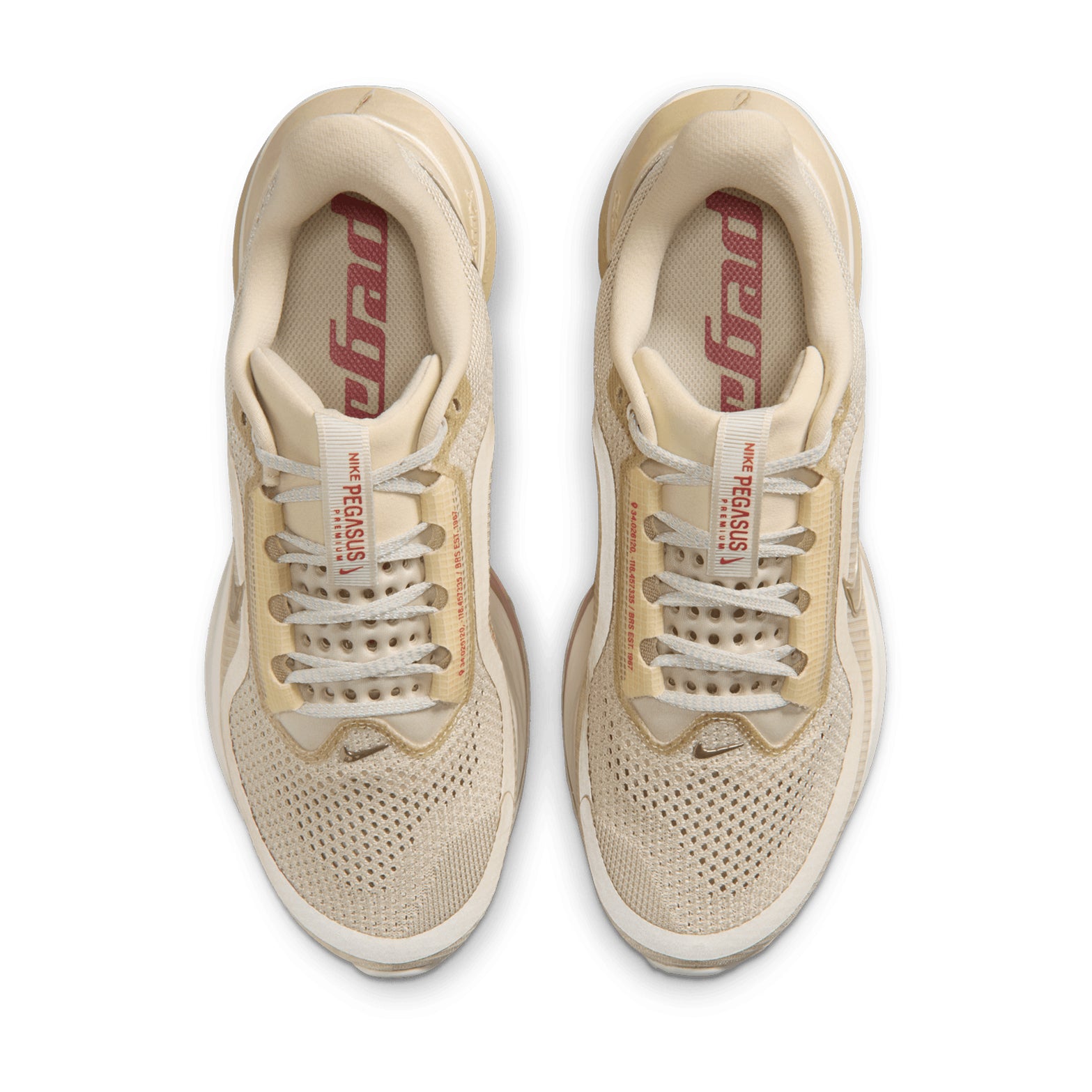 Women's Nike Pegasus Premium Running Shoes Light Khaki Metallic Gold Grain Sail Chalk top view showing engineered mesh upper with lightweight breathable construction for daily road running