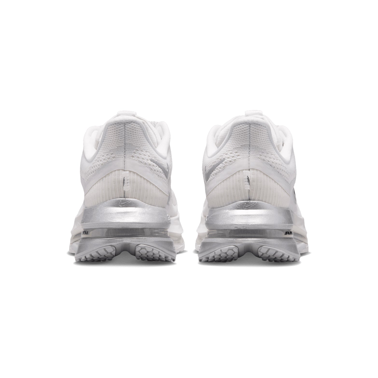 Women's Nike Pegasus Premium Running Shoes Summit White Grey Fog Black Metallic Silver heel view showing Air Zoom technology with full-length ZoomX foam for cushioned impact protection during landing