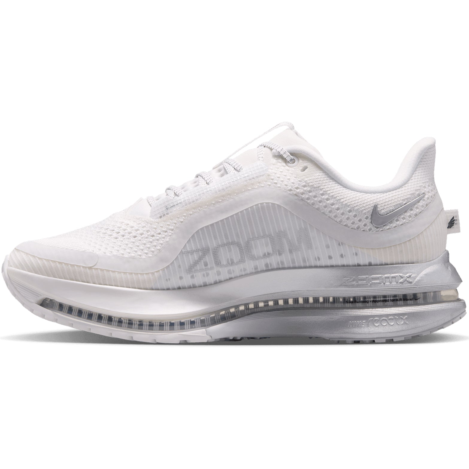 Women's Nike Pegasus Premium Running Shoes Summit White Grey Fog Black Metallic Silver inner side view showing ZoomX foam platform with Air Zoom technology for responsive impact protection