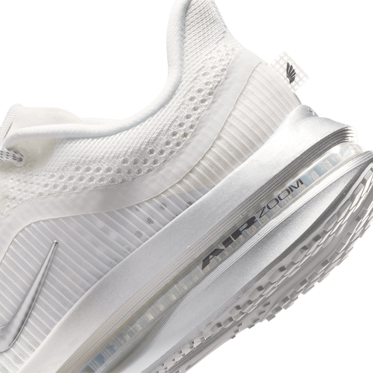Women's Nike Pegasus Premium Running Shoes Summit White Grey Fog Black Metallic Silver angled side and heel view showing Air Zoom units surrounded by ZoomX foam for plush springy daily road running