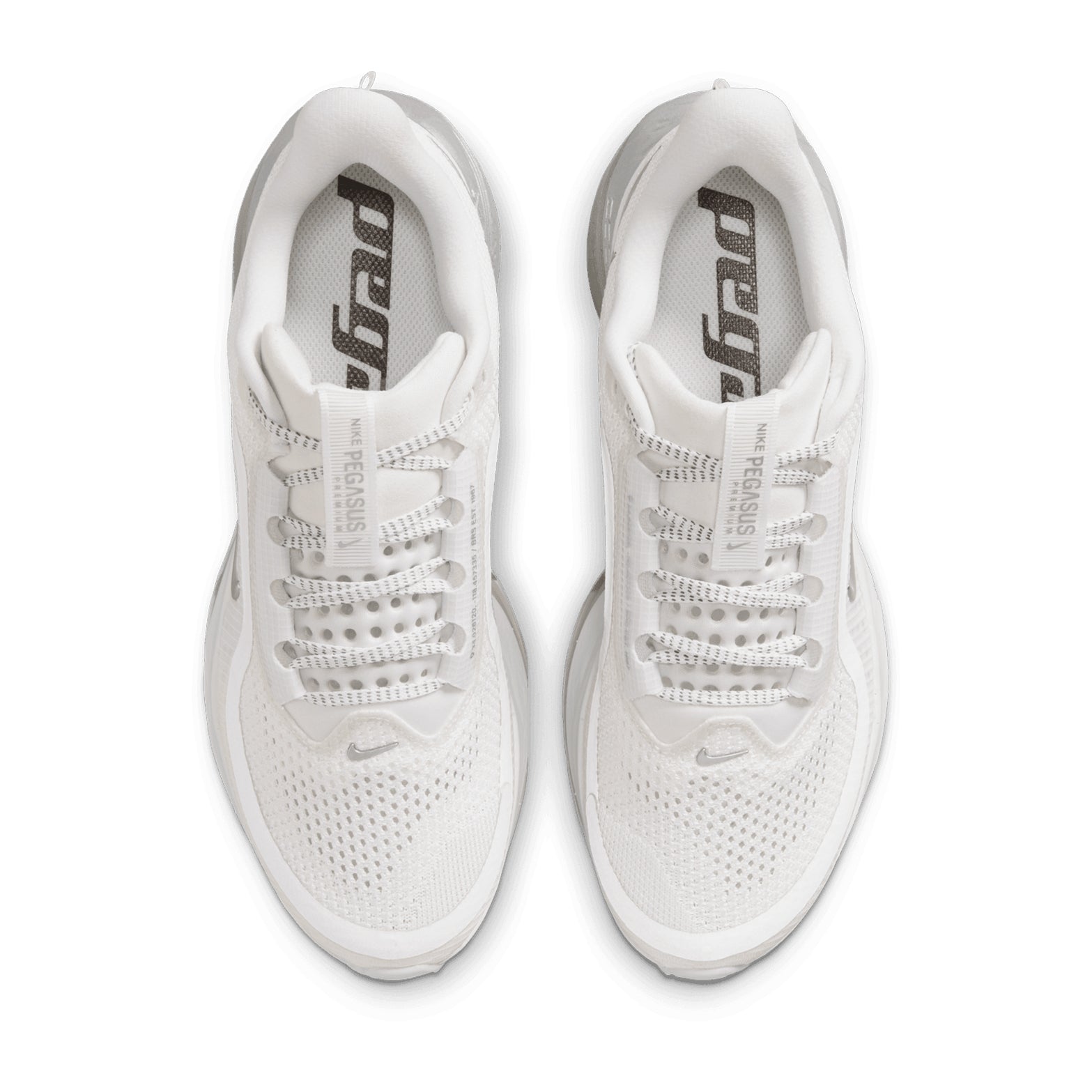 Women's Nike Pegasus Premium Running Shoes Summit White Grey Fog Black Metallic Silver top view showing engineered mesh upper with lightweight breathable construction for daily road running